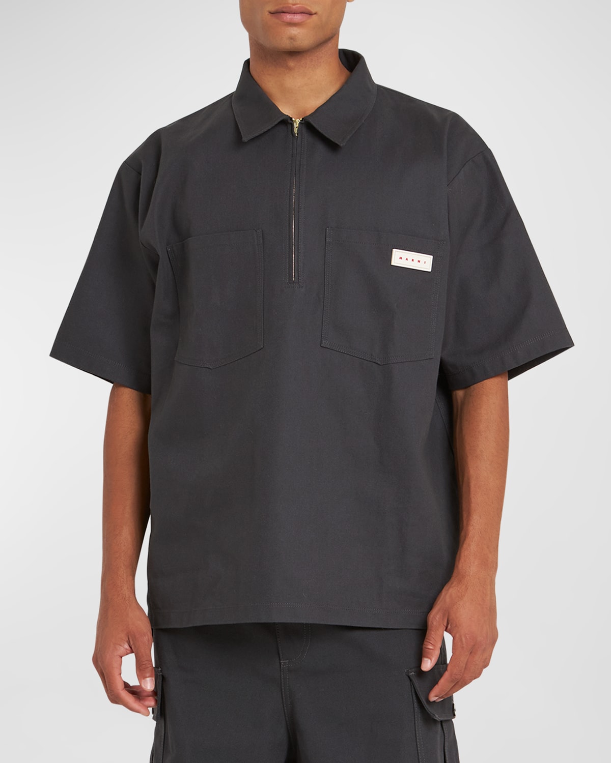 Marni Men's Gabardine Quarter-zip Workwear Shirt In Stone/grey