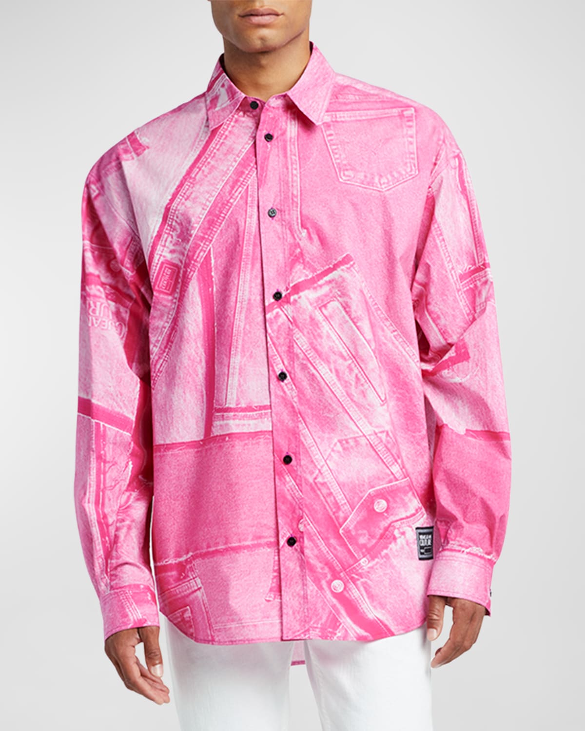 Versace Jeans Couture Men's Patched Denim-print Button-down Shirt In Hot Pink