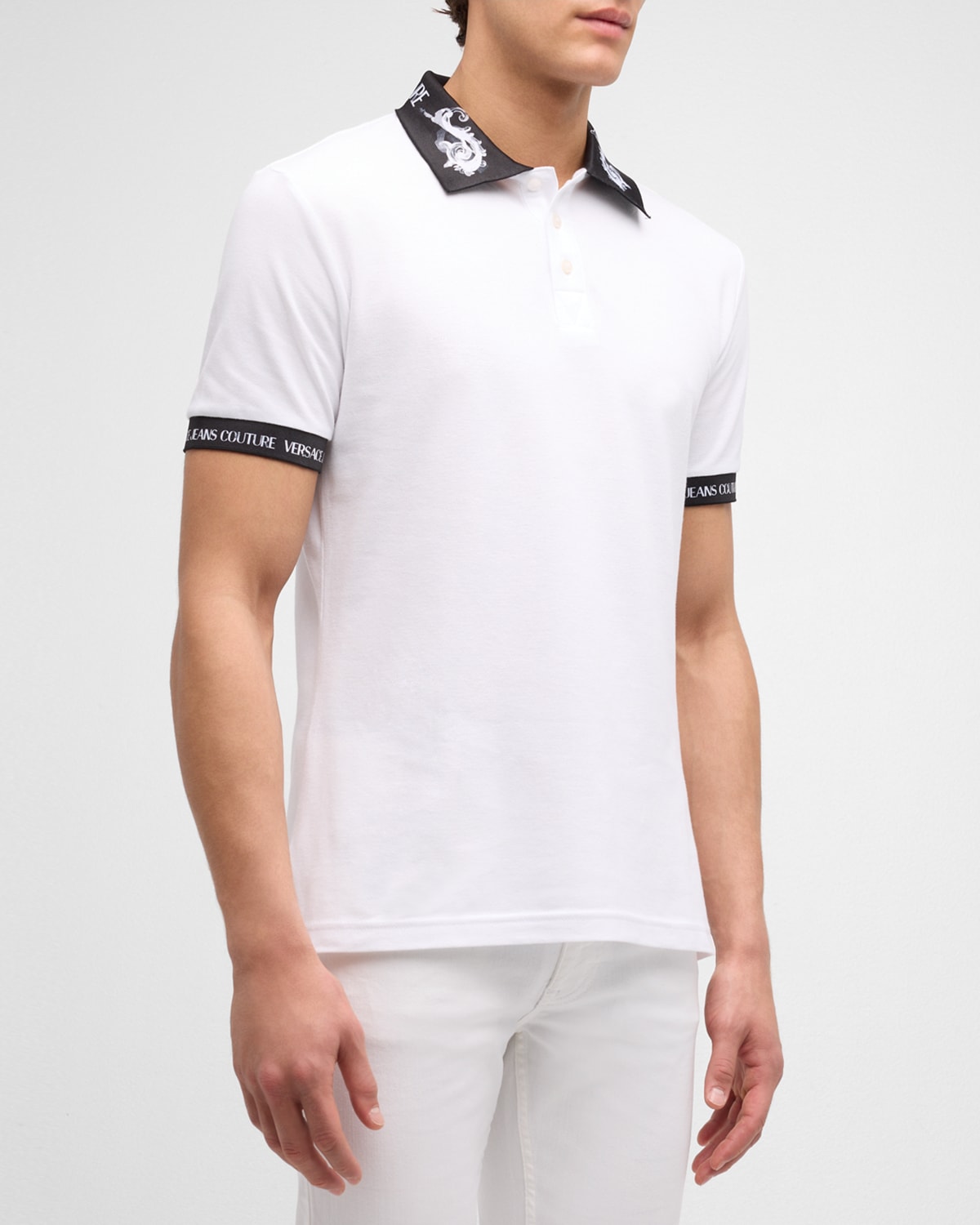Versace Jeans Couture Men's Pique Polo Shirt With Logo Tipping In Bianco