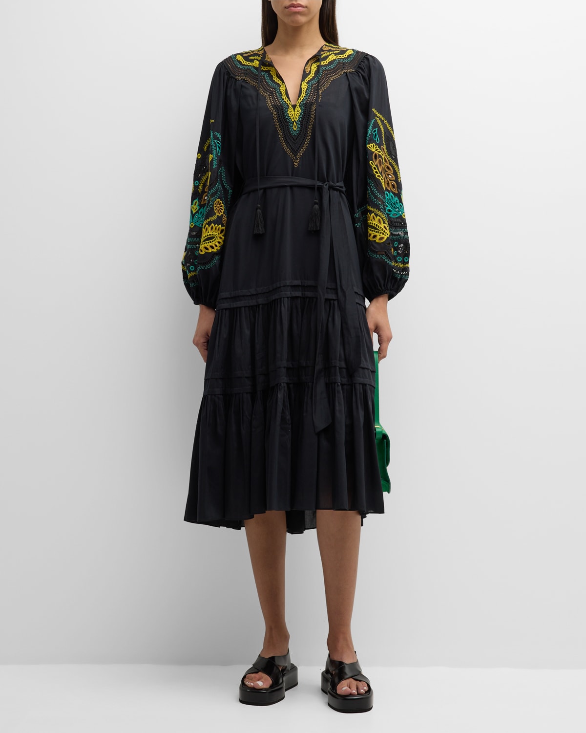 Val Embroidered Blouson-Sleeve Midi Dress