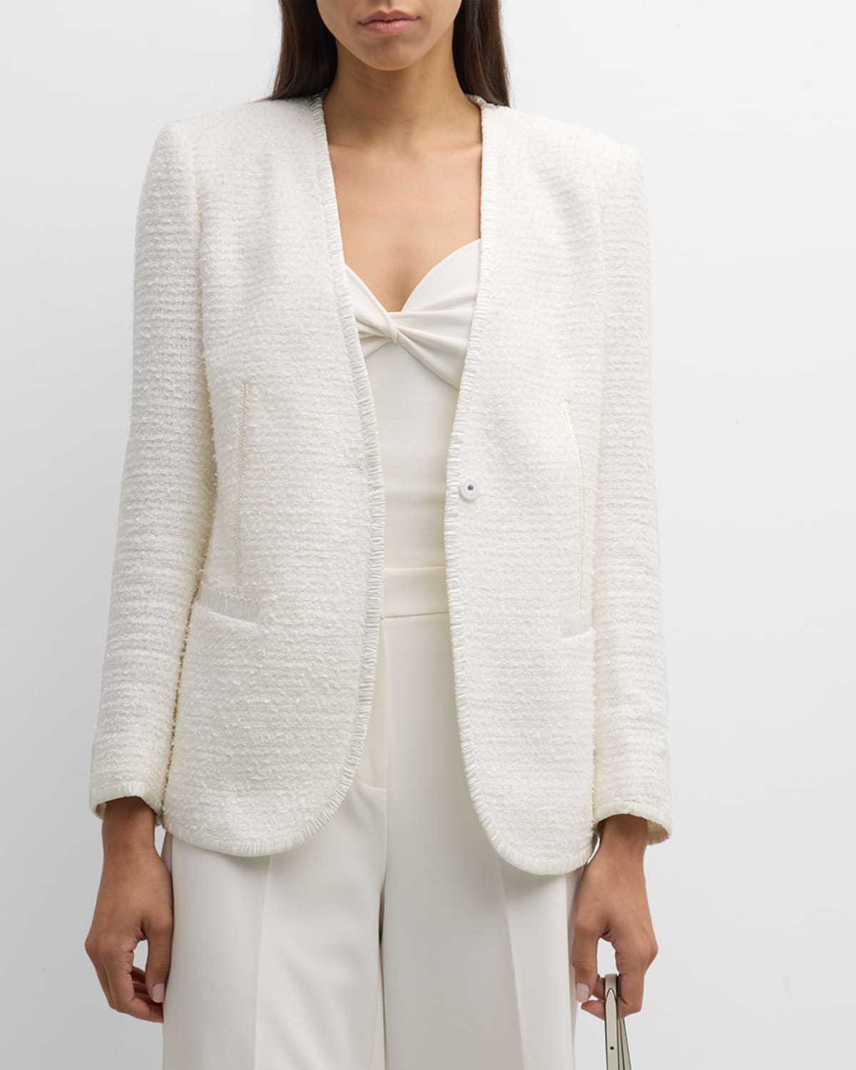 Evangeline V-Neck Snap-Front Tweed Jacket