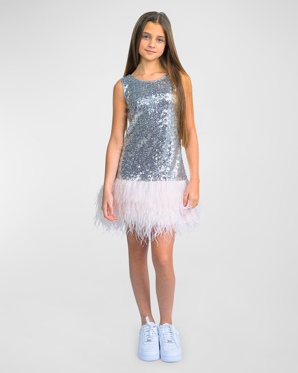 Zoe Kids' Girl's Kelly Sequin Feather-hem Dress In Silver