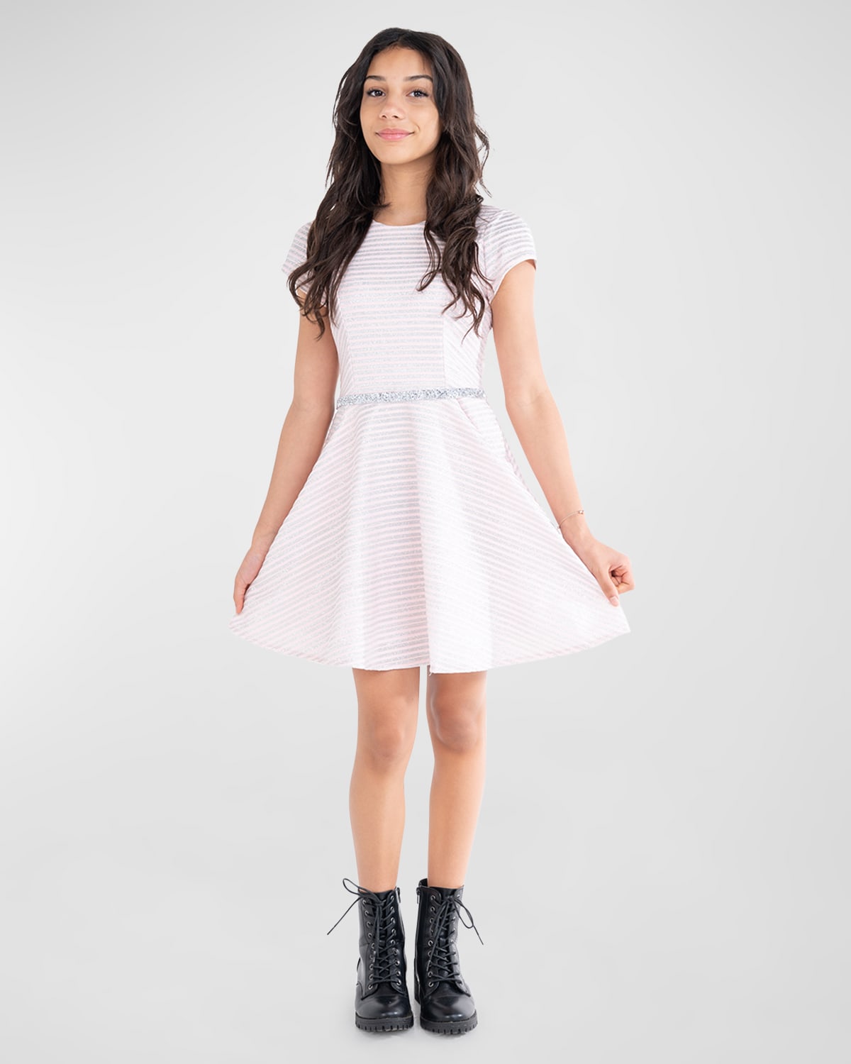 Zoe Kids' Girl's Katie Short-sleeve Metallic Stripe Dress In Pink
