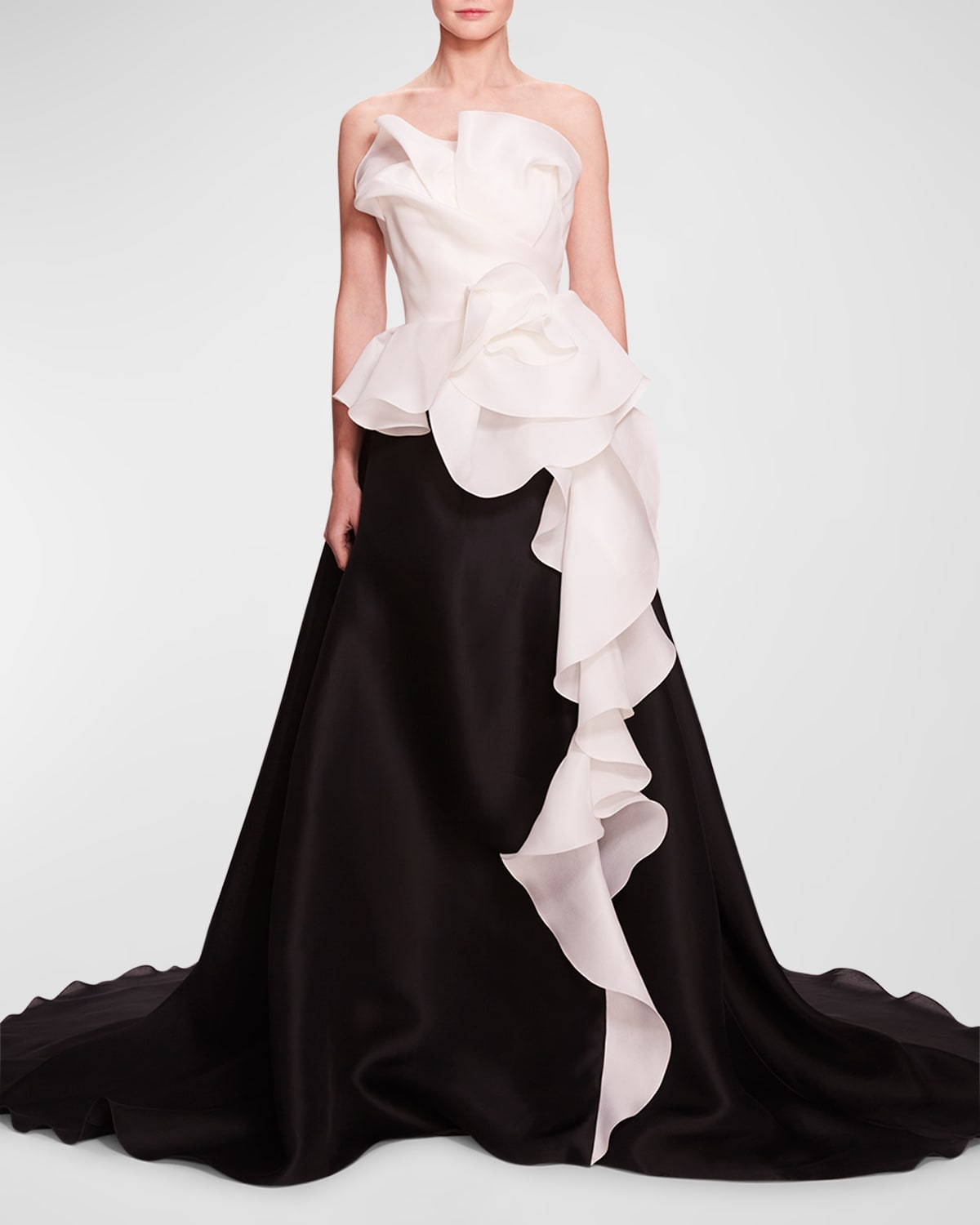 Colorblock Cascading Ruffle Strapless Silk Gown