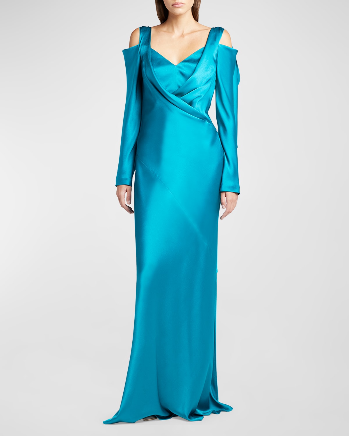 Alberta Ferretti Draped Long-sleeve Bow Cold-shoulder Satin Gown In Green