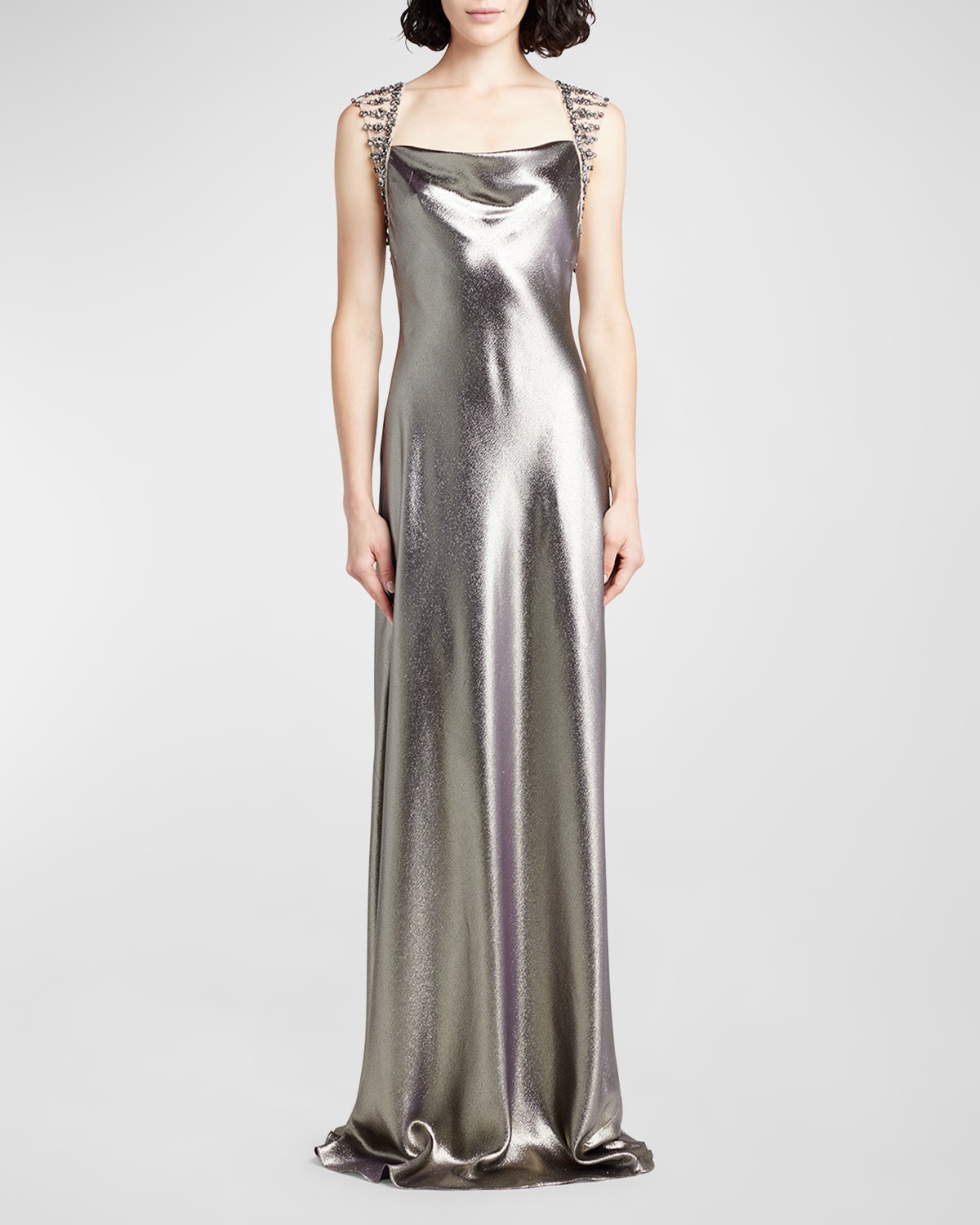 Alberta Ferretti Crystal Open-back Metallic Satin Sleeveless Gown In Gold