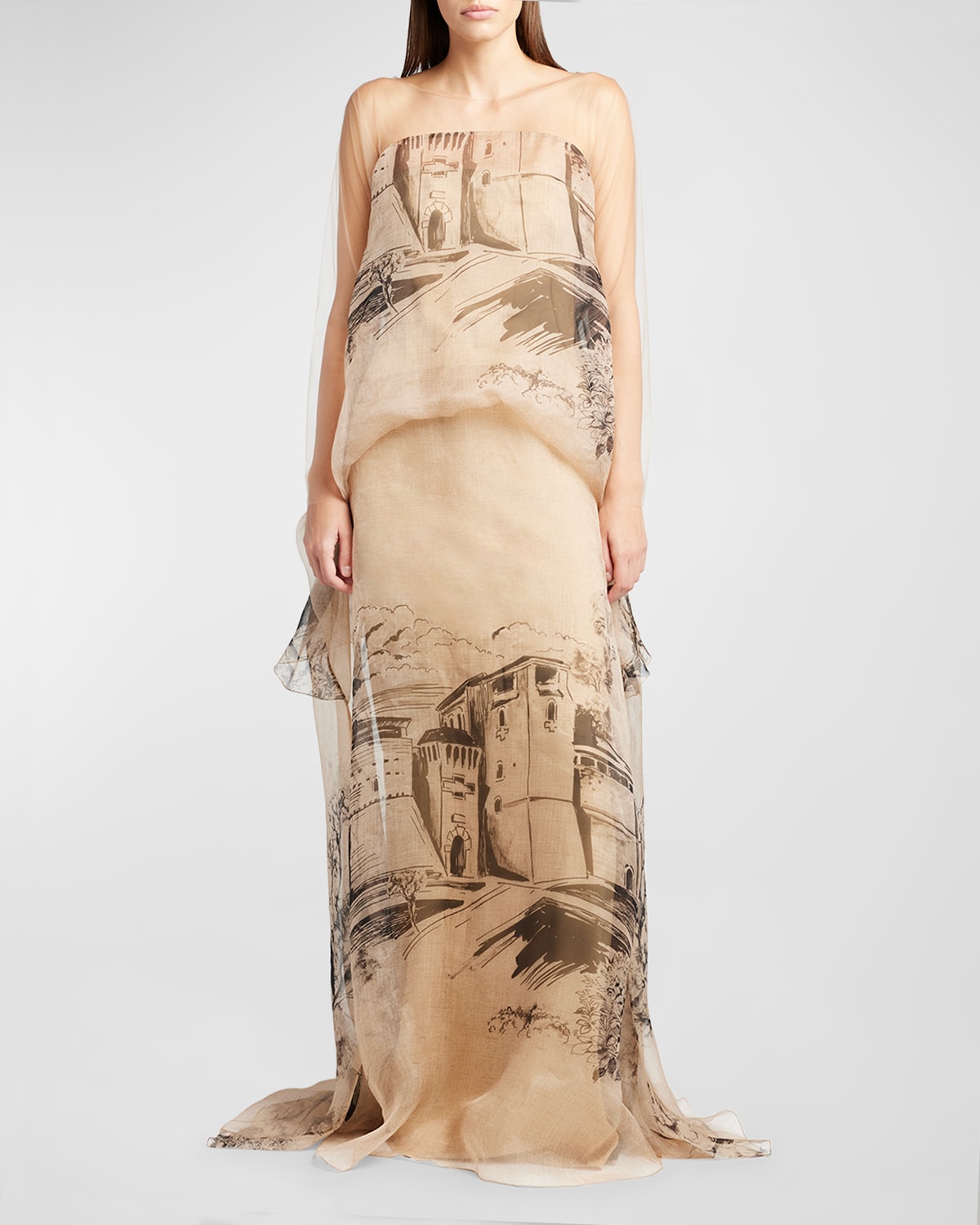 Alberta Ferretti Printed Silk Long-sleeve Kaftan Illusion Gown In Neutrals