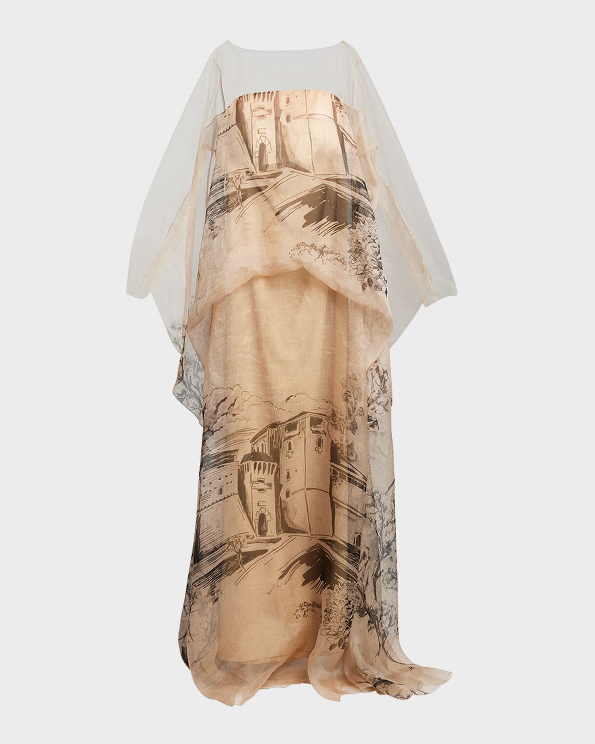 ALBERTA FERRETTI PRINTED SILK LONG-SLEEVE KAFTAN ILLUSION GOWN