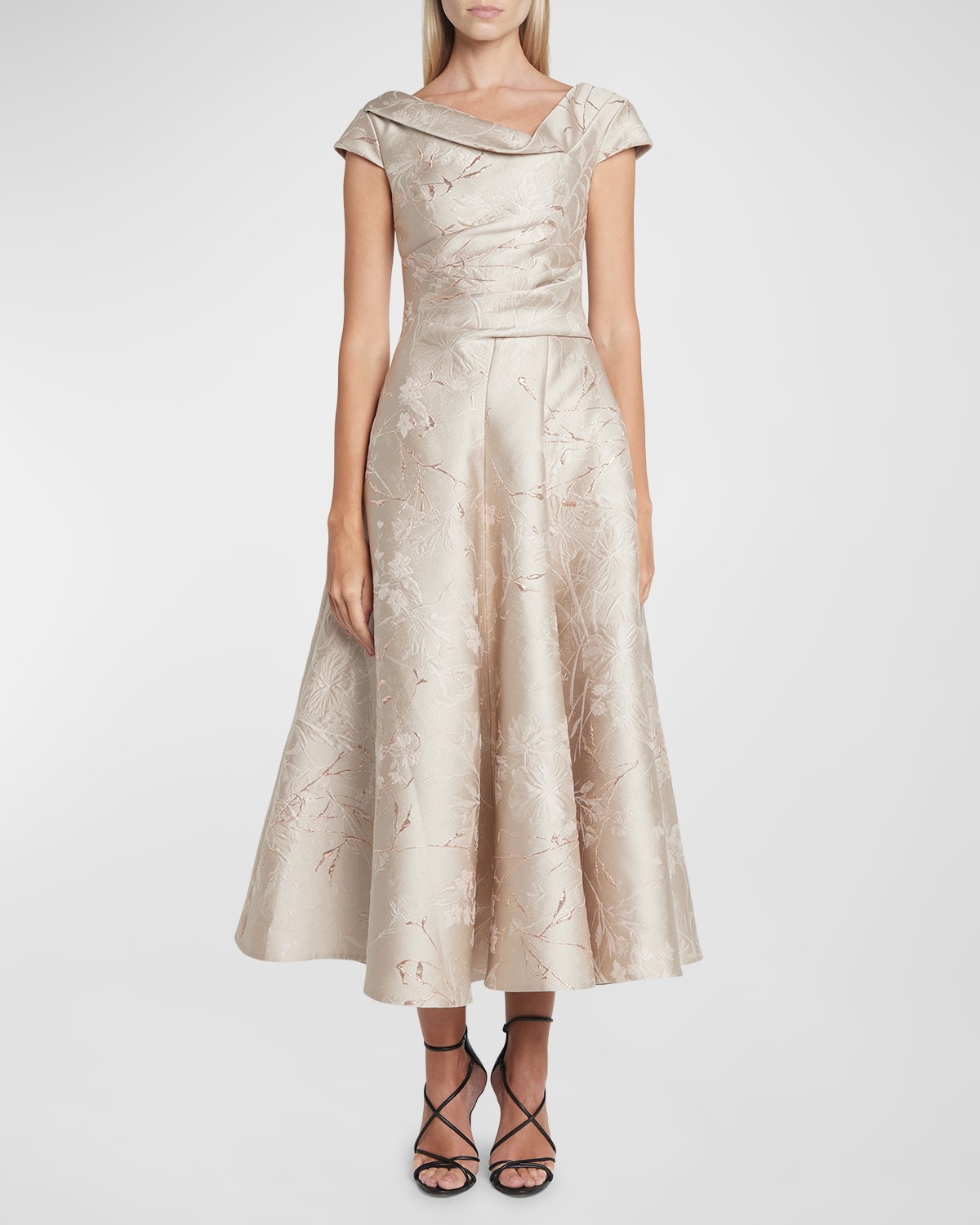 Talbot Runhof Metallic Twig And Bloom Jacquard Cap-sleeve Tea-length Dress In Icegold