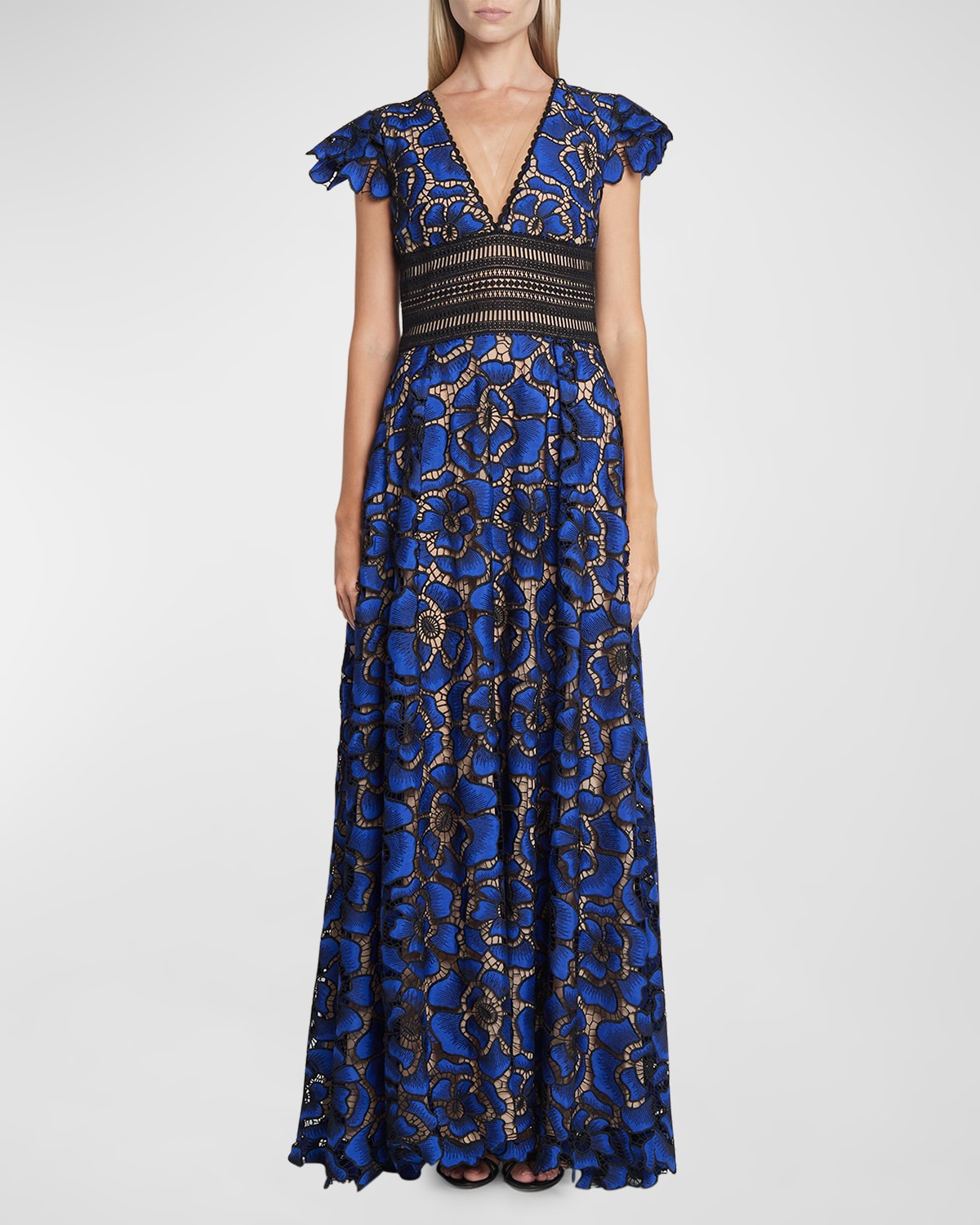 Talbot Runhof V-neck Cap-sleeve Cornflower Embroidered Lace Gown In Royal Blue