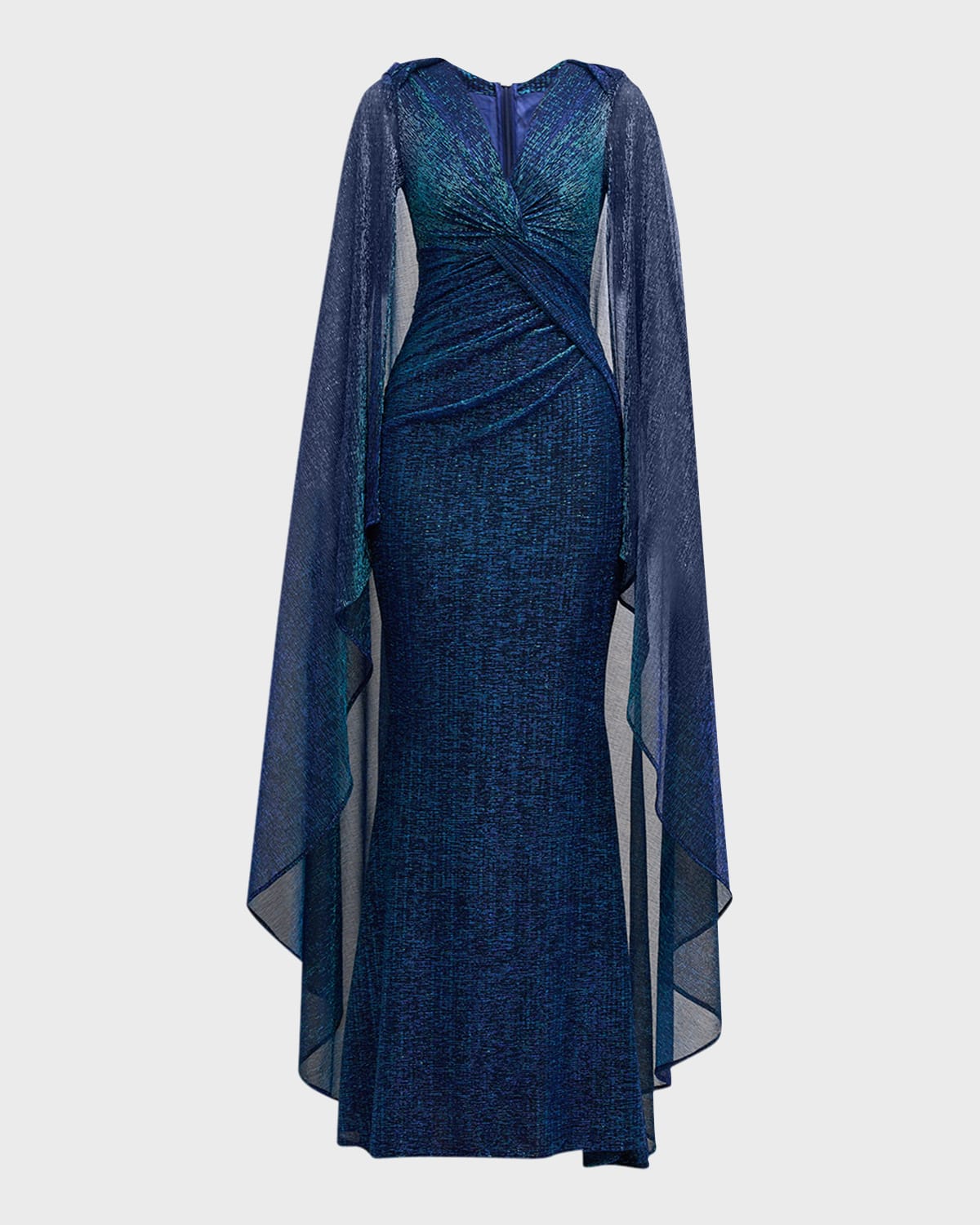 Shop Talbot Runhof Matrix Metallic Cape Twisted Trumpet Gown In Turquoise