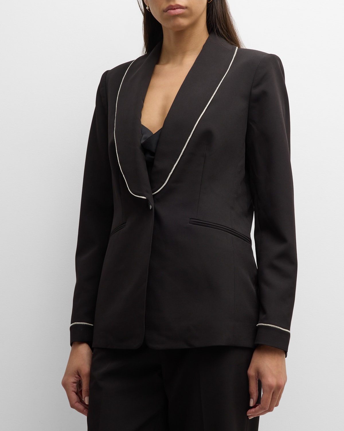 Elie Tahari The Lexy Single-button Rhinestone-trim Blazer In Noir
