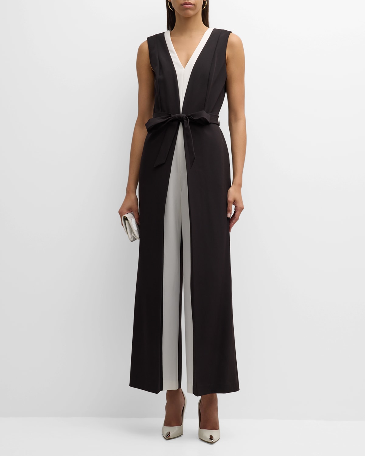 Shop Elie Tahari The Ellis Sleeveless Two-tone Jumpsuit In Noir/sky White