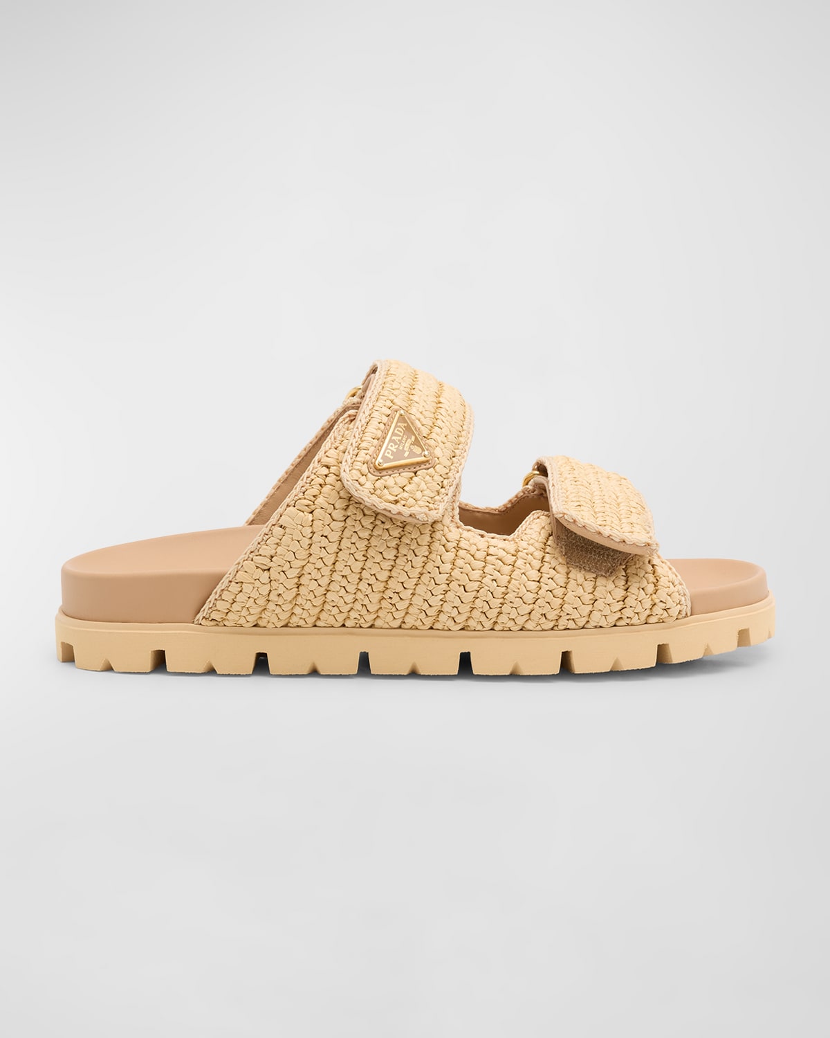 Shop Prada Fussbett Raffia Dual Buckle Slide Sandals In Naturale