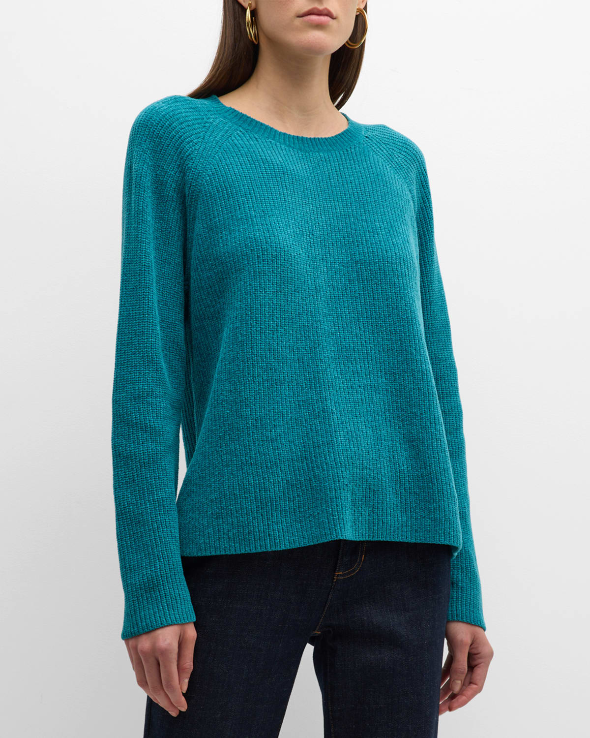 Eileen Fisher Ribbed Crewneck Chenille Sweater In Green
