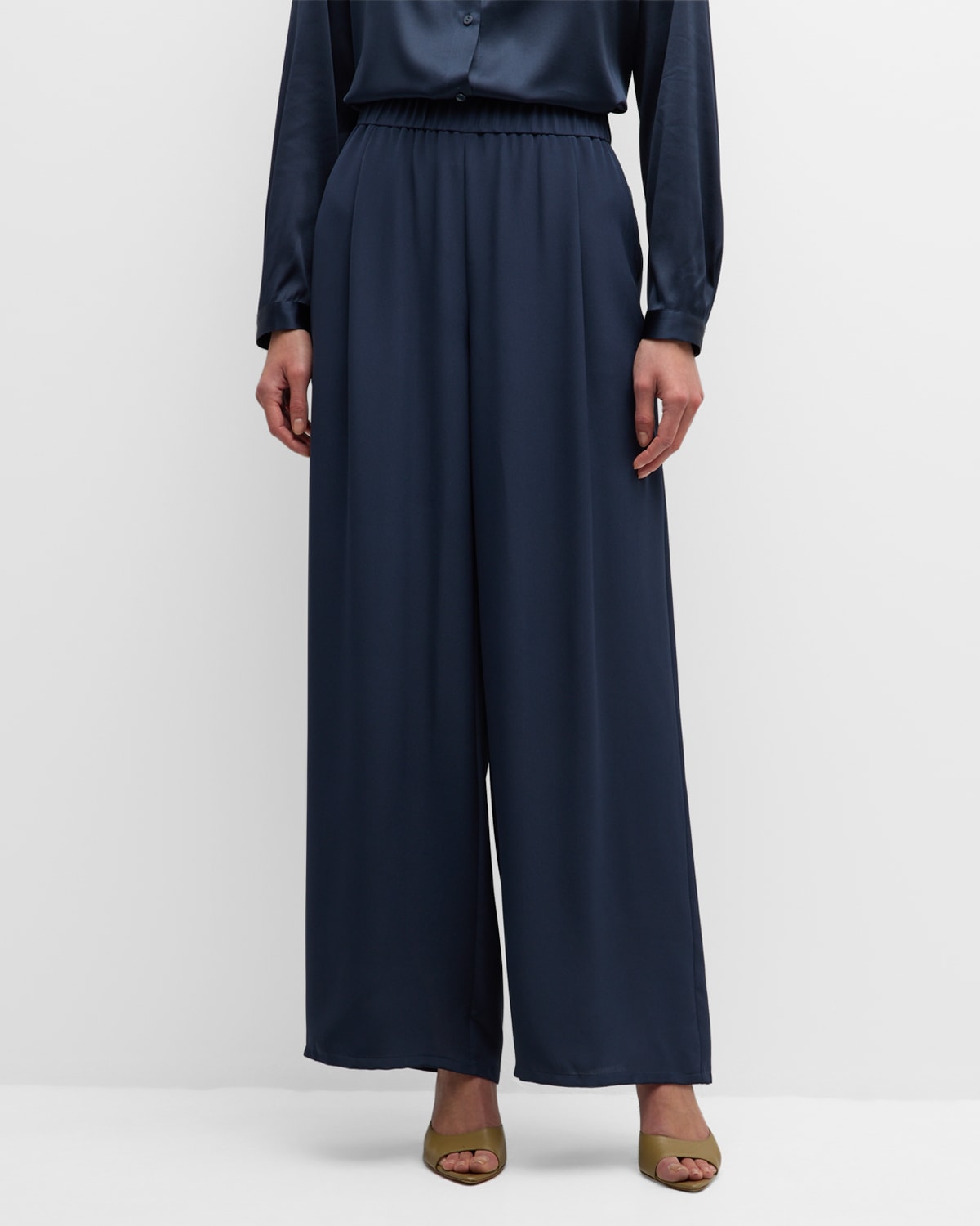 EILEEN FISHER PLEATED HIGH-RISE WIDE-LEG CREPE PANTS