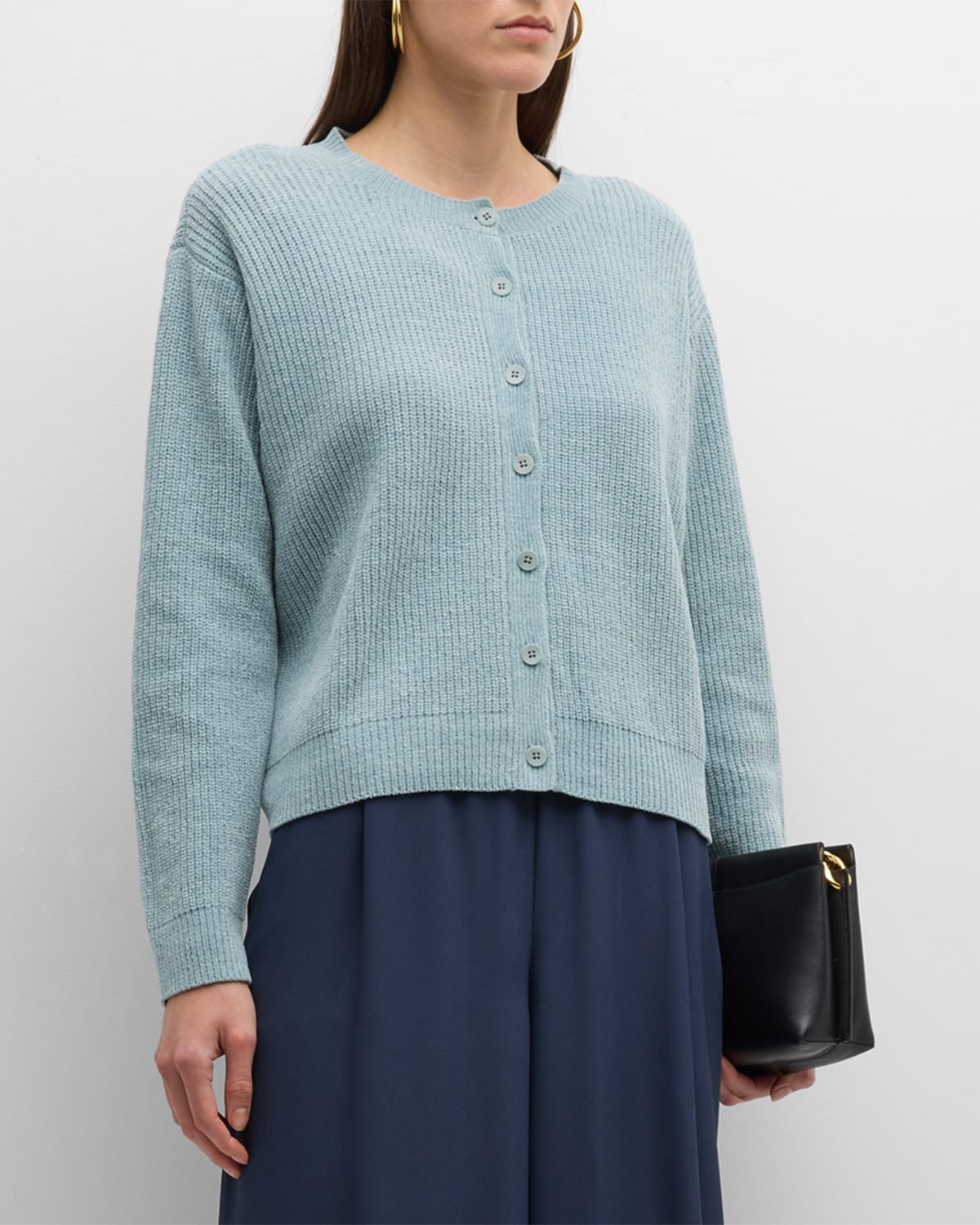 EILEEN FISHER RIBBED BUTTON-DOWN CHENILLE CARDIGAN