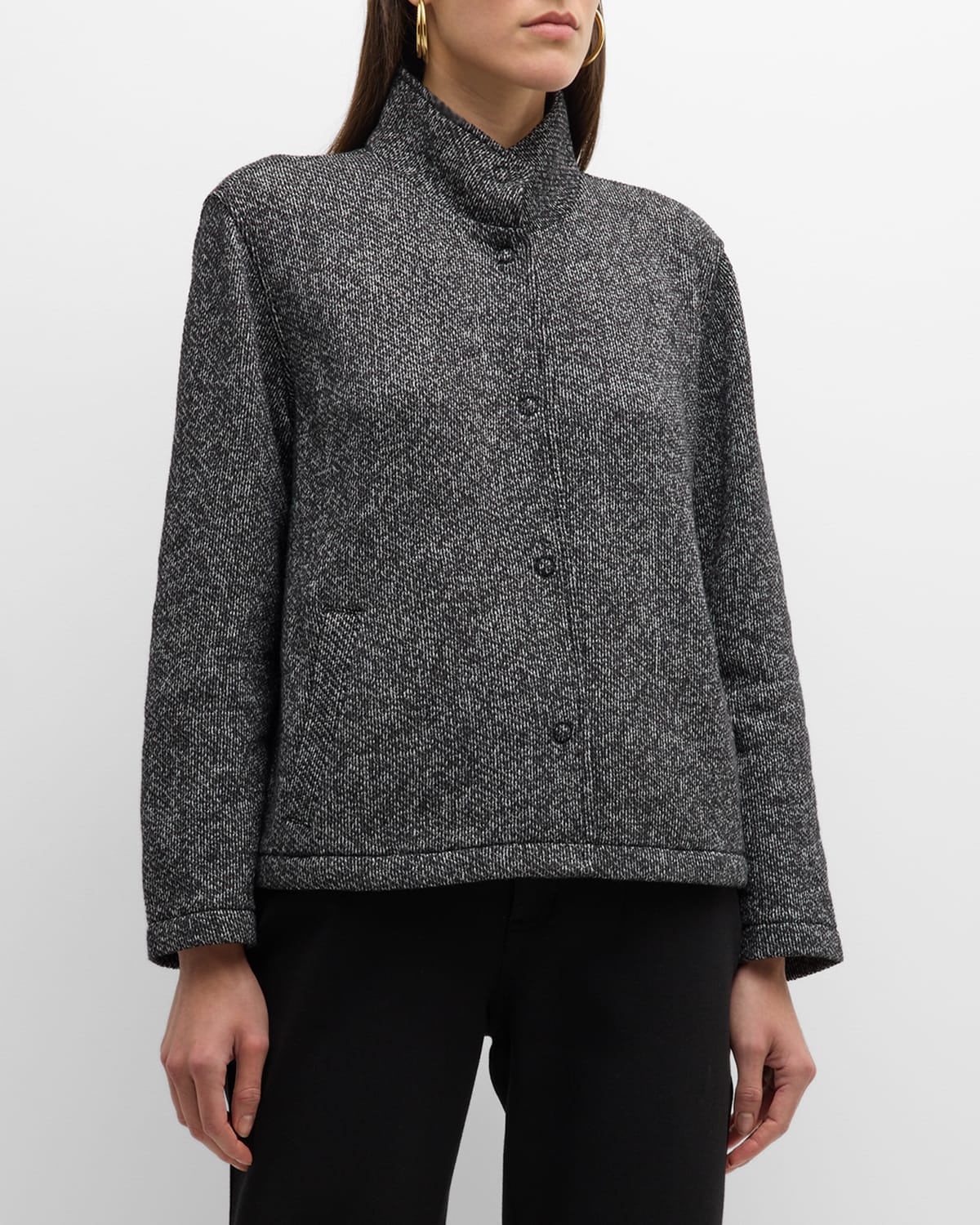 Eileen Fisher Stand Collar Organic Cotton Tweed Jacket in Black Soft White Smart Closet