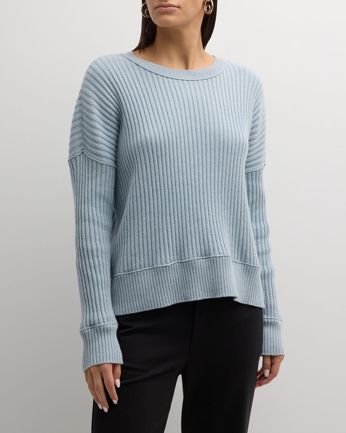 Shop Eileen Fisher Ribbed Crewneck Cotton-cashmere Sweater In Frost