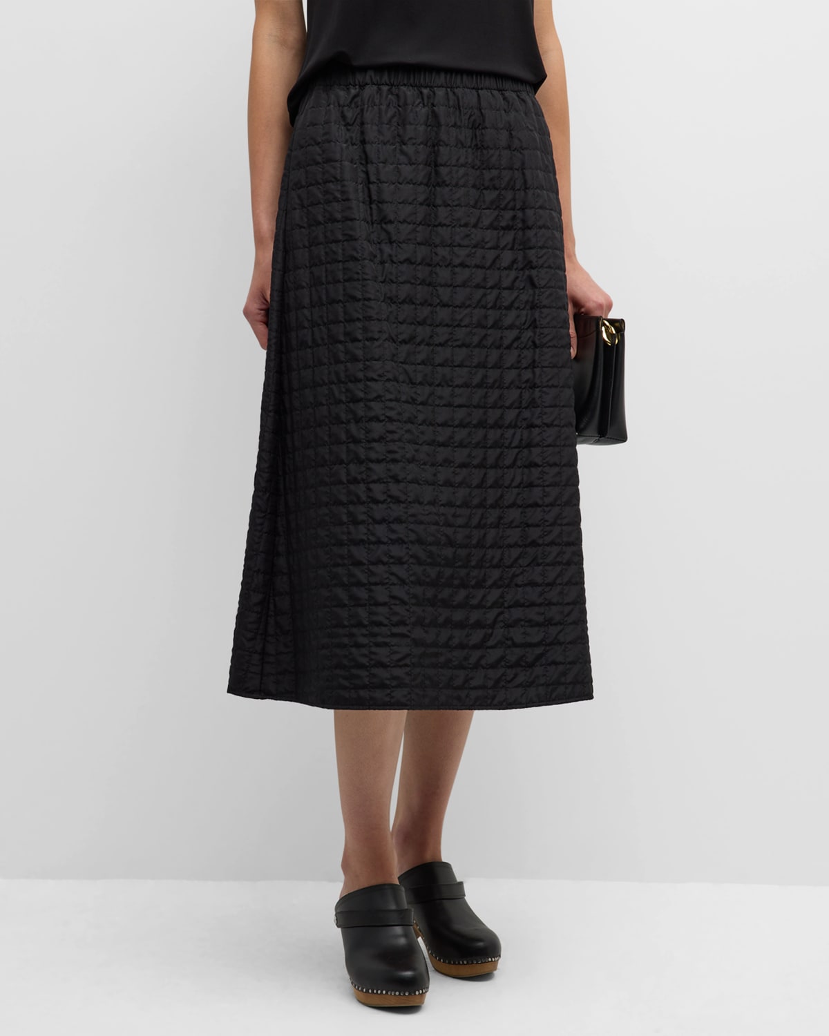 Eileen Fisher Quilted A-line Habutai Silk Midi Skirt In Black