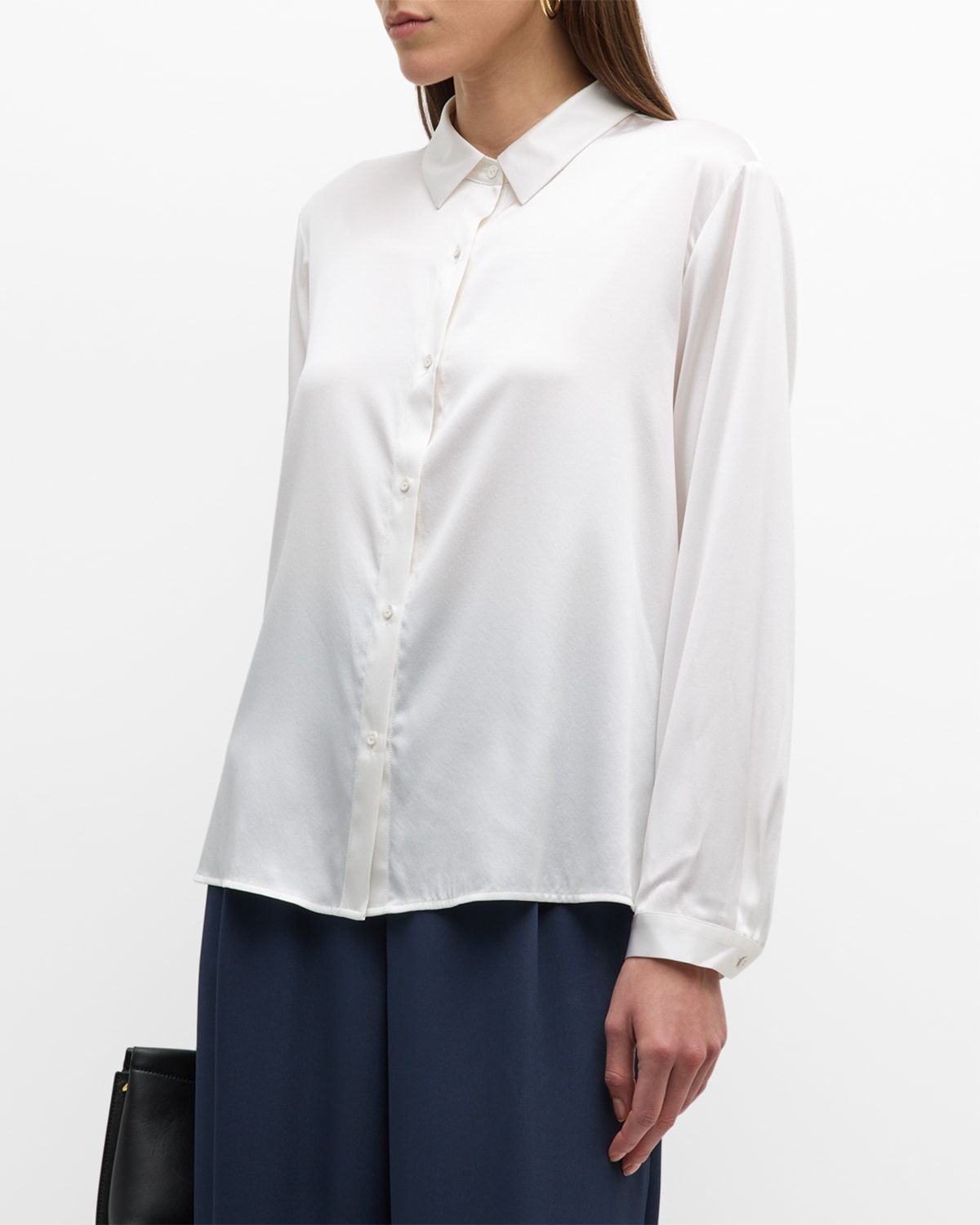 Eileen Fisher Point-collar Button-down Satin Blouse In Ivory