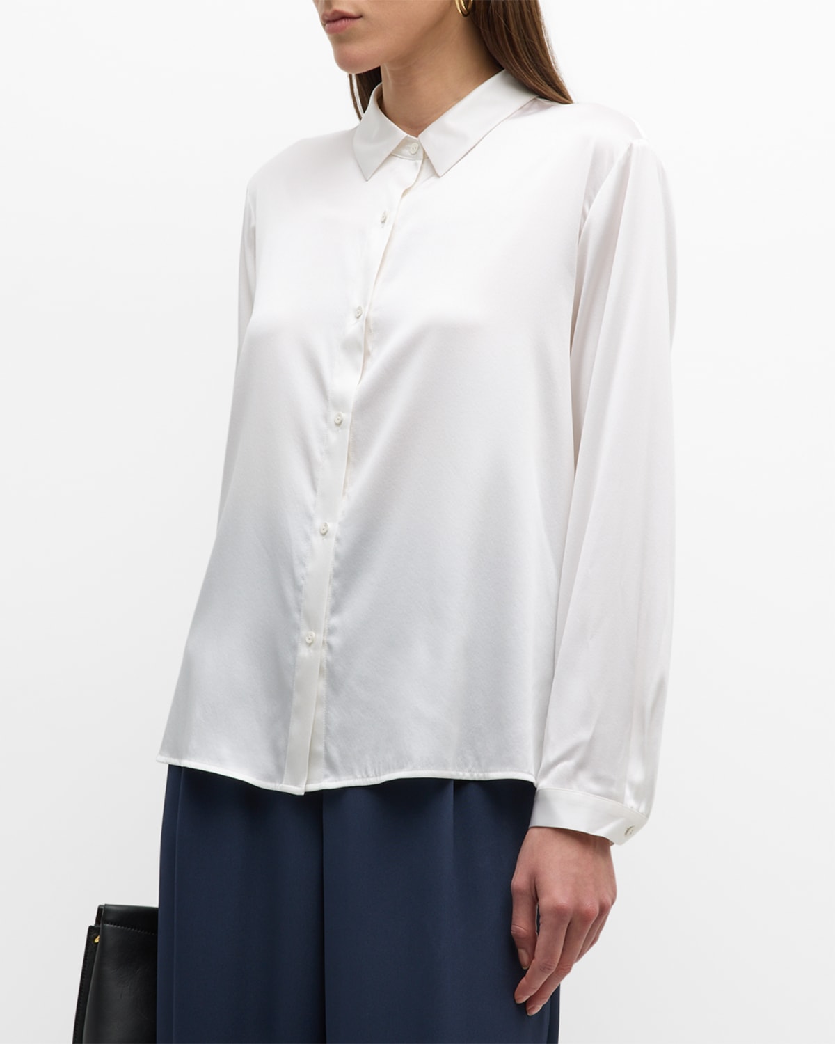 Eileen Fisher Petite Point-collar Button-down Silk Shirt In Ivory