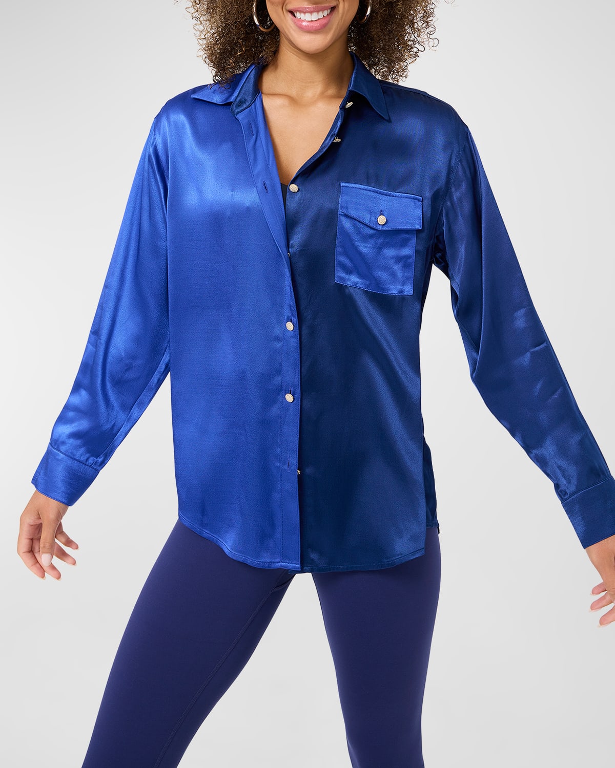 Terez Colourblock Satin Button-front Shirt In Blue