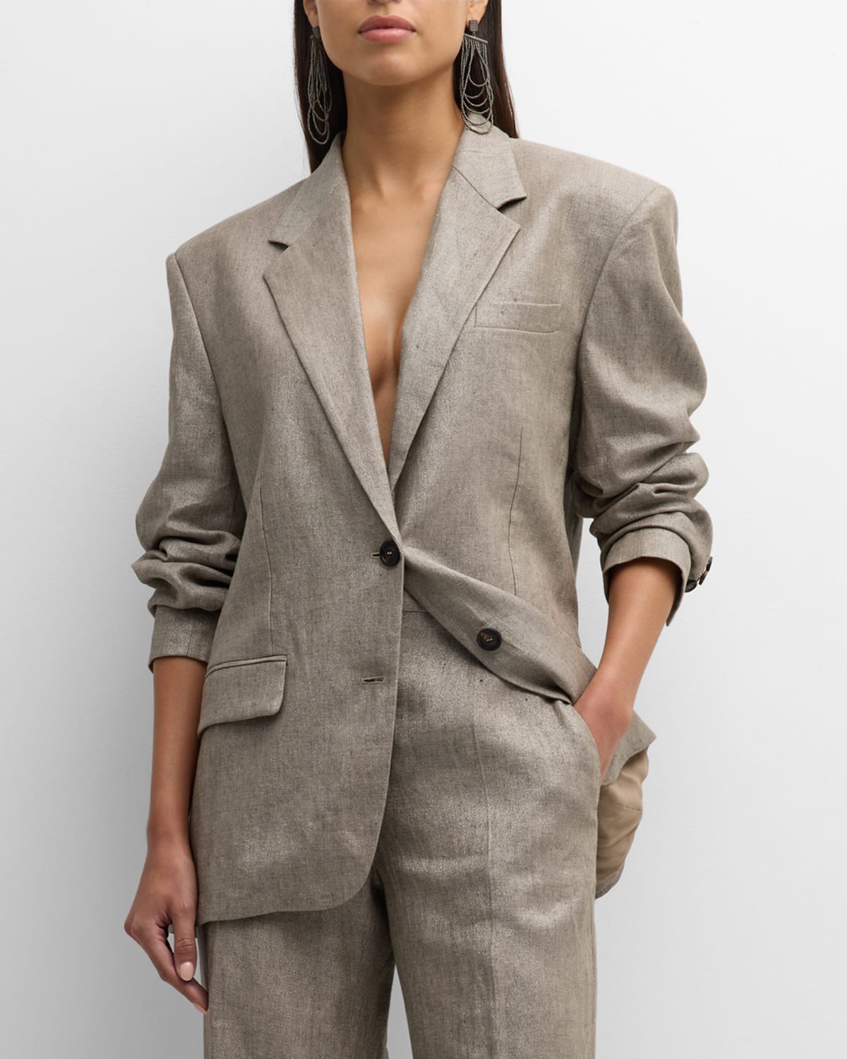 Shop Brunello Cucinelli Metallic Linen Single-breasted Blazer Jacket In C002 Brown Grey