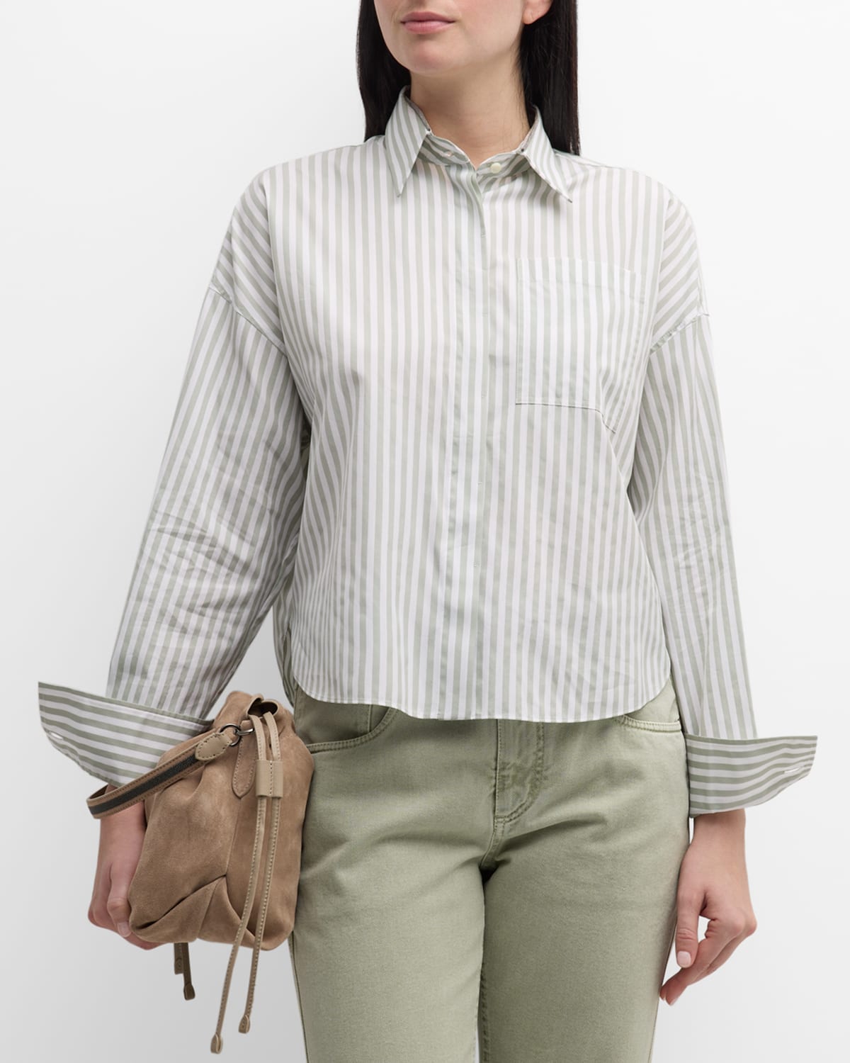 Striped Button-Front Blouse with Monili Trim