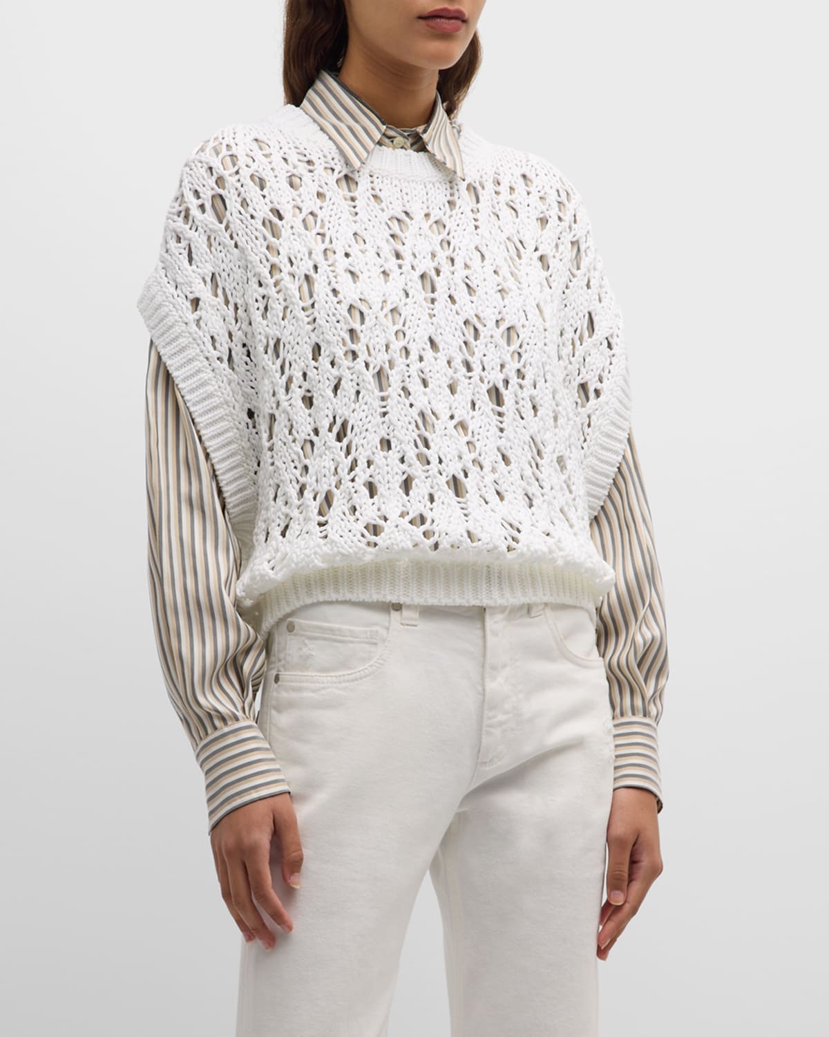 Shop Brunello Cucinelli Open-net Cap Sleeve Sweater In C159 White