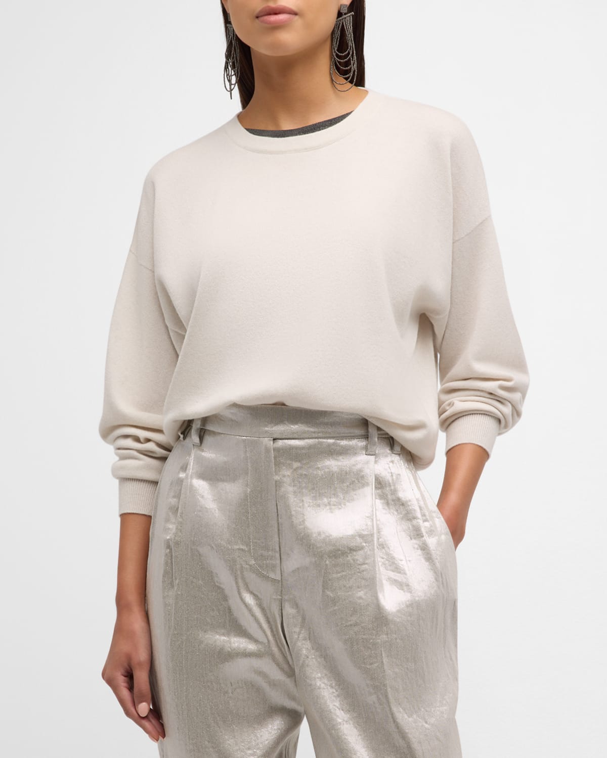 Shop Brunello Cucinelli Cashmere Sweater With Monili Collar Insert In C9588 Chalk
