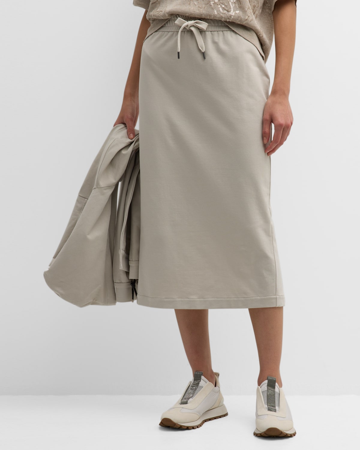Brunello Cucinelli Slit-hem Cotton Felpa Pull-on Midi Skirt In C9593 Quarzo