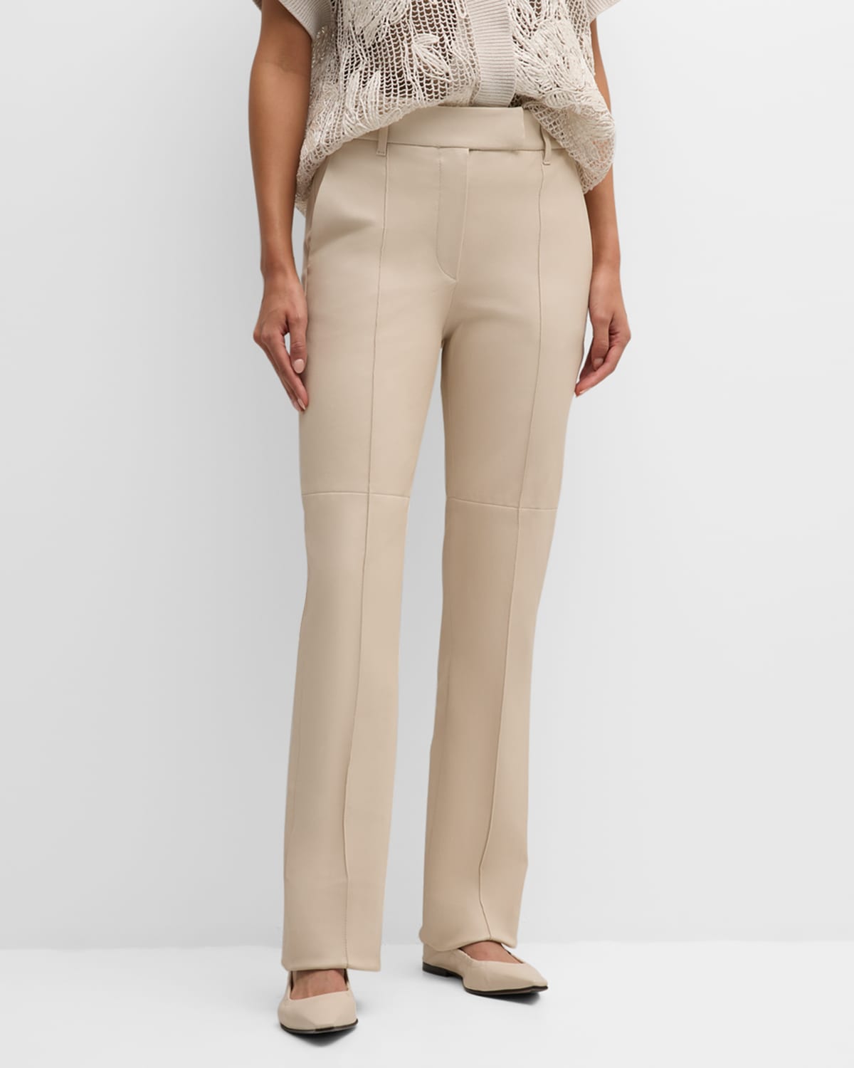 Brunello Cucinelli Stretch Leather Straight-leg Pants In C8905 Ivory
