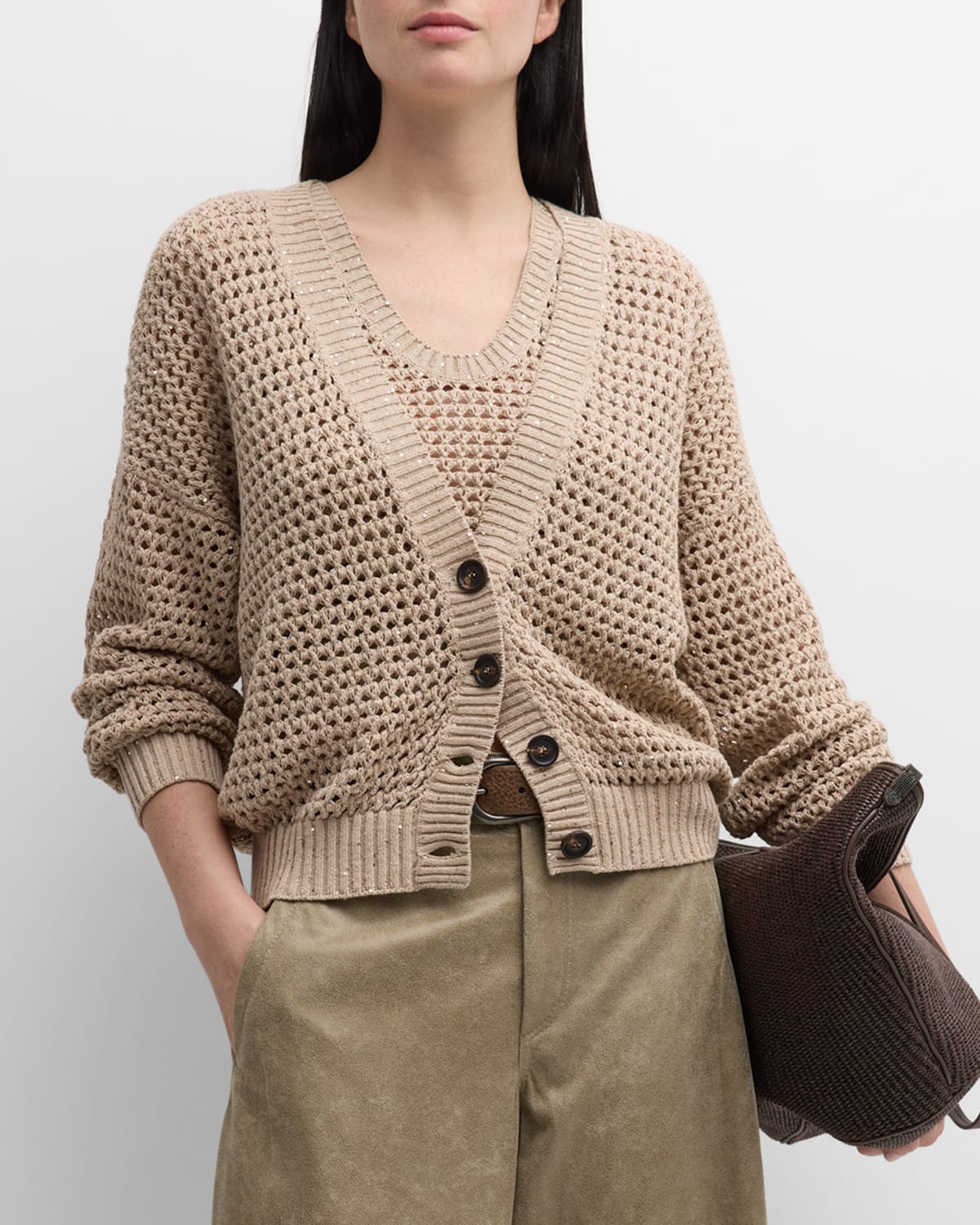Shop Brunello Cucinelli Open-knit Cardigan With Sequin Detail In C059 Light Brown