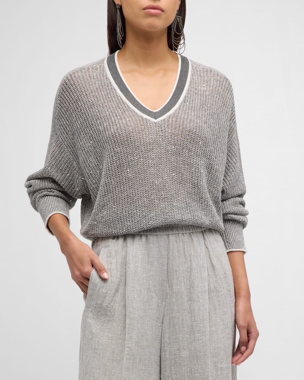 Shop Brunello Cucinelli V-neck Linen Paillette Knit Varsity Sweater In C1605 Medium Grey