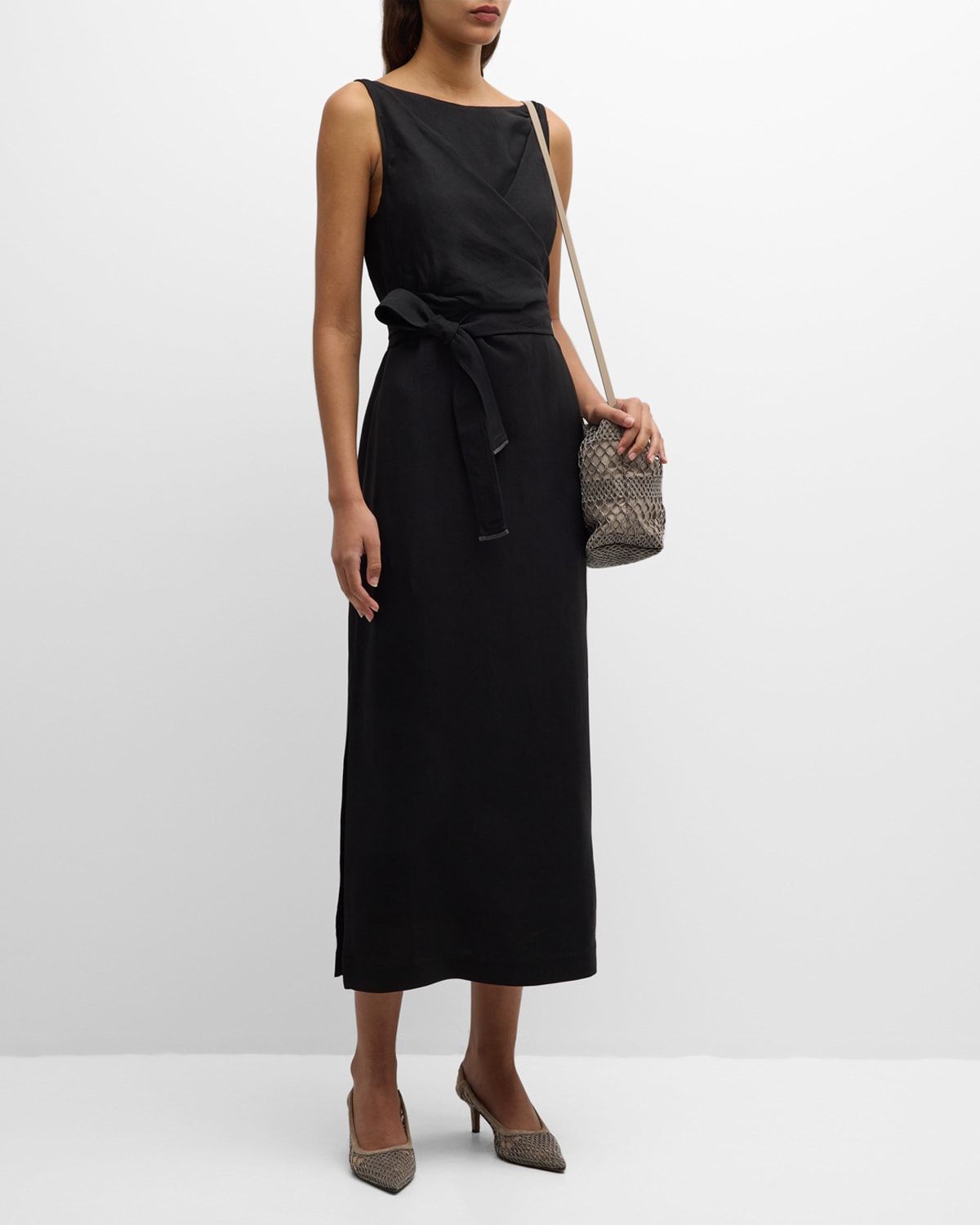 Shop Brunello Cucinelli High-neck Monili-trim Wrap-waist Fluid Linen Midi Dress In C101 Black