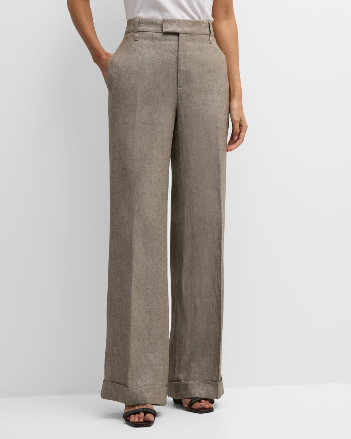 Shop Brunello Cucinelli Mid-rise Metallic Linen Wide-leg Trousers In C002 Brown Grey