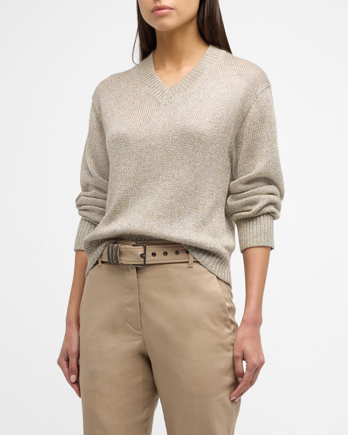 Shop Brunello Cucinelli Shiny Shetland Mohair Wool Sweater In C1432 Grey Brown