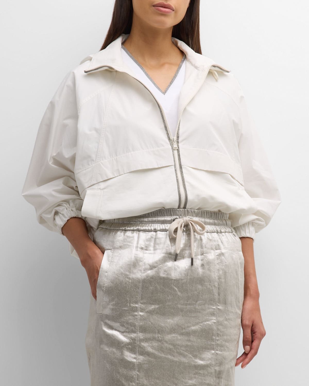 Brunello Cucinelli Cotton Felpa Taffeta Jacket With Monili Detail In C1550 Chalk