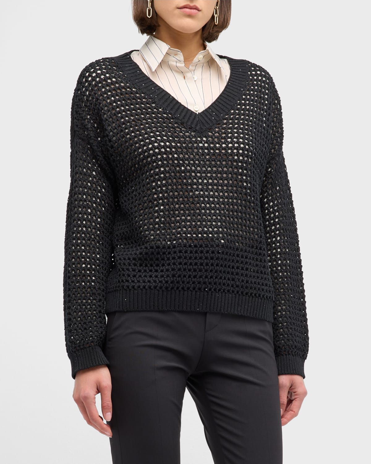 Shop Brunello Cucinelli Open-knit Cotton Diamante Sweater In C101 Black