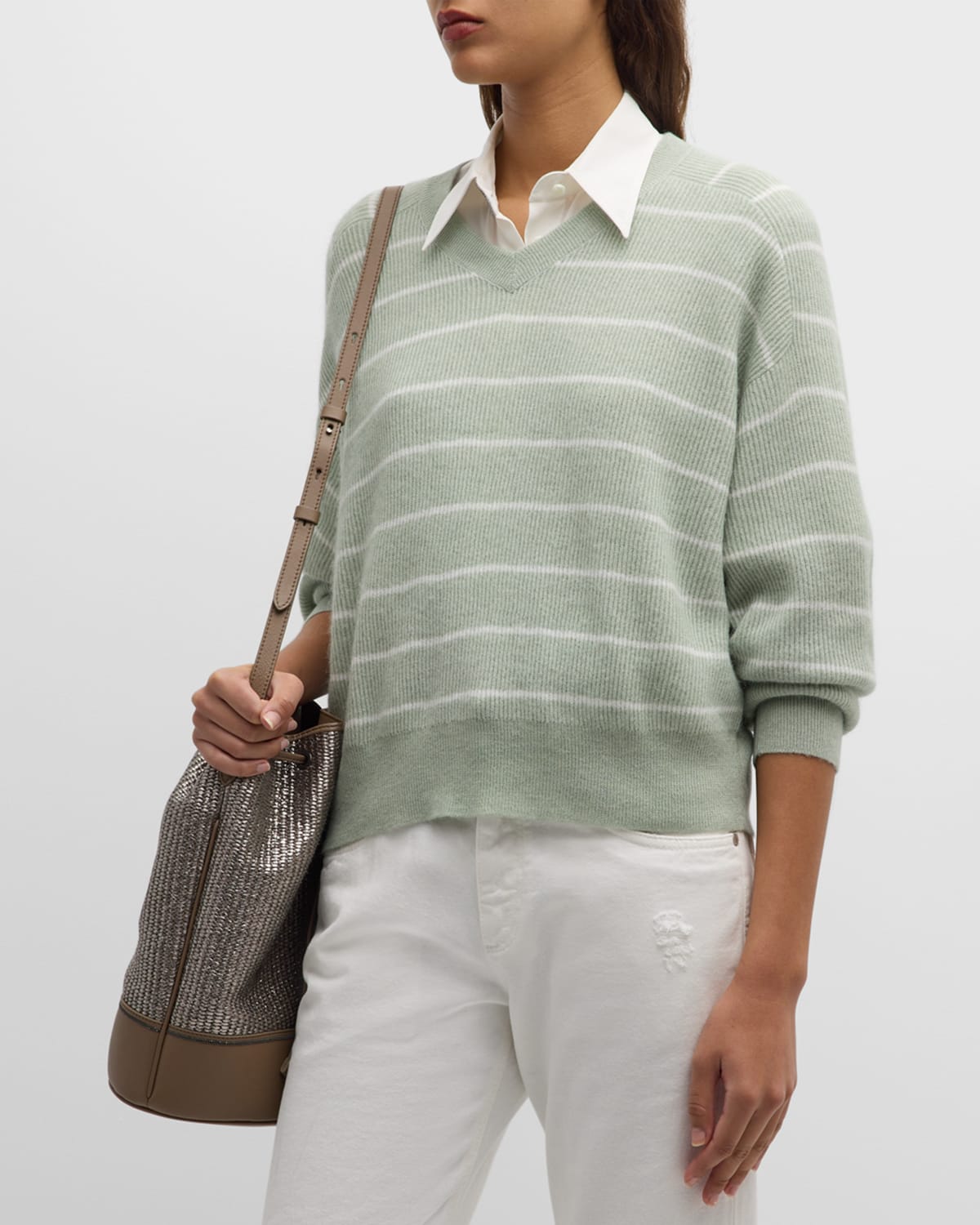 Shop Brunello Cucinelli V-neck Alpaca Cotton Striped Knit Sweater In Cgv03 Light Green