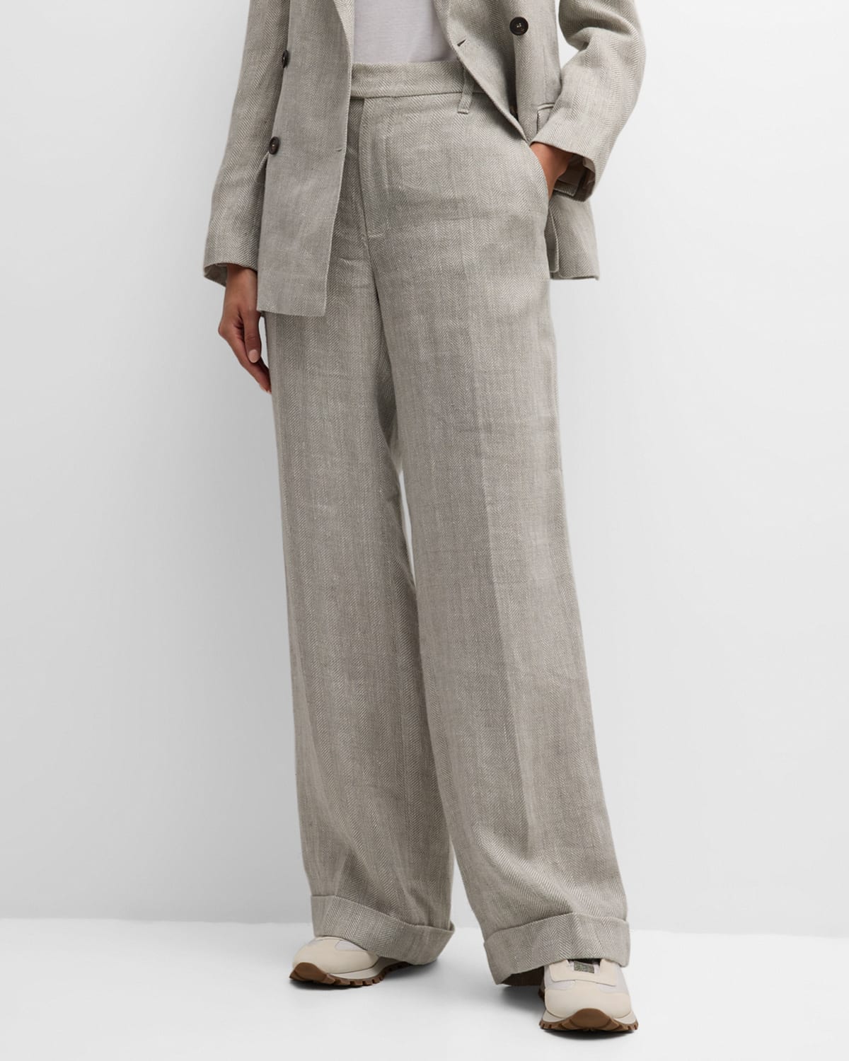 Brunello Cucinelli Mid-rise Straight-leg Herringbone Linen Trousers In C055 Brown White