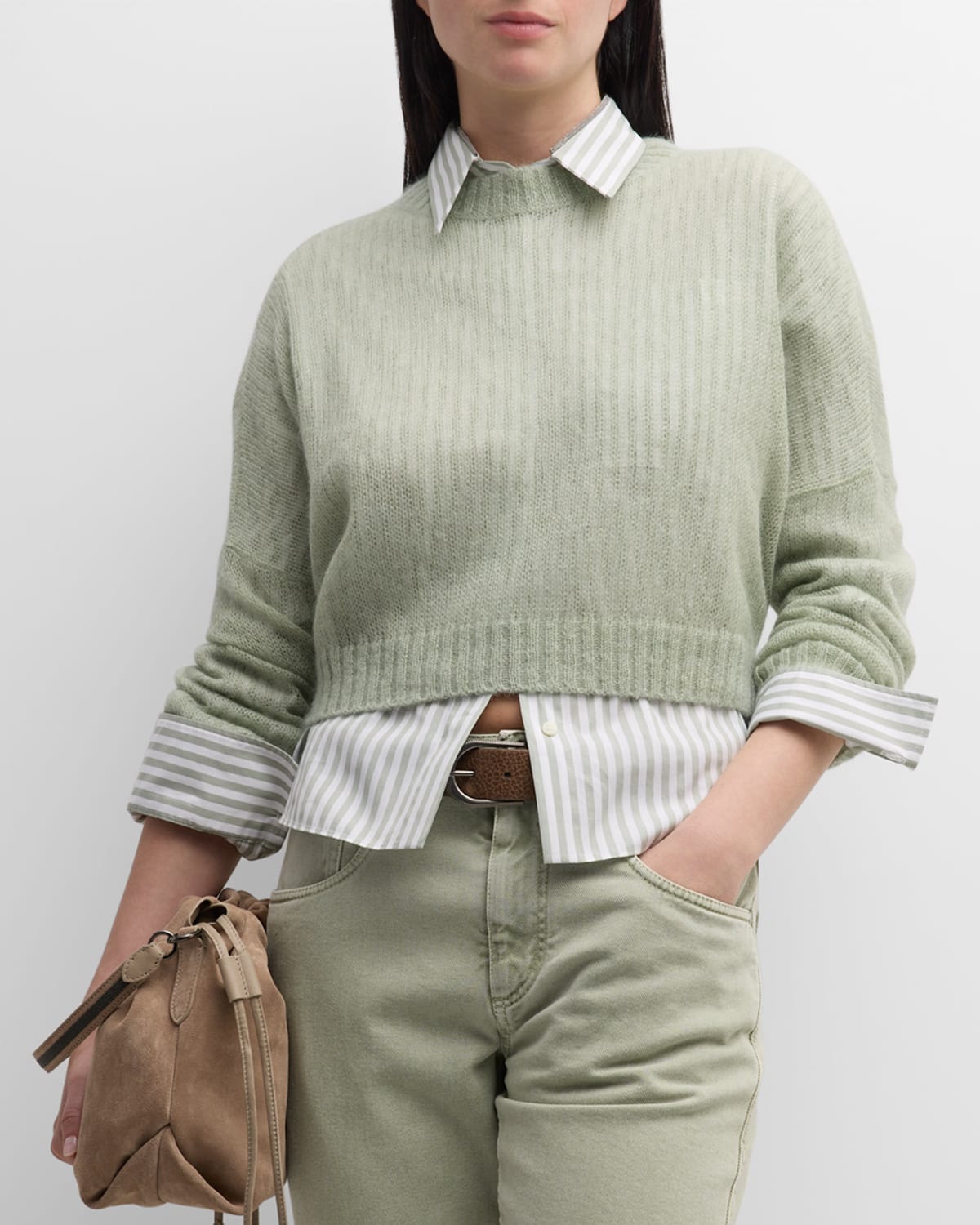Brunello Cucinelli Airy Mohair Wool Long-sleeve Crewneck Crop Sweater In C9594 Light Green