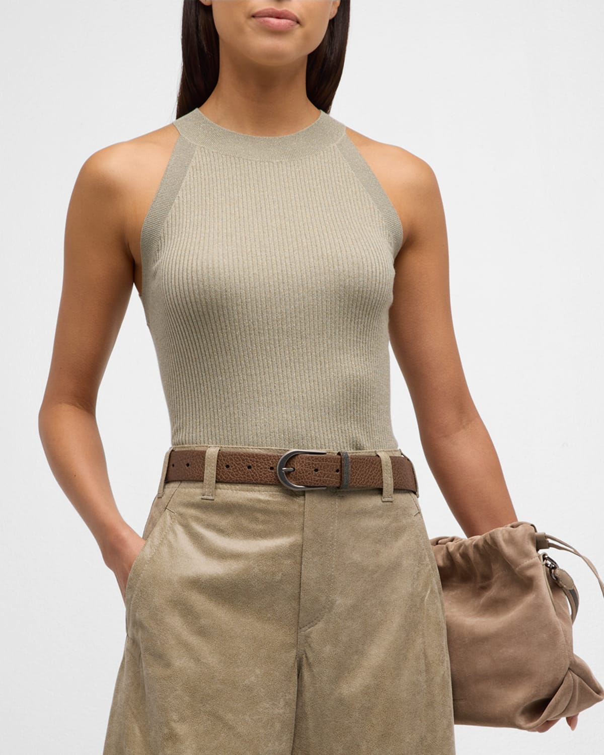 Brunello Cucinelli Mock-neck Ribbed-knit Tank Top In Neutrals