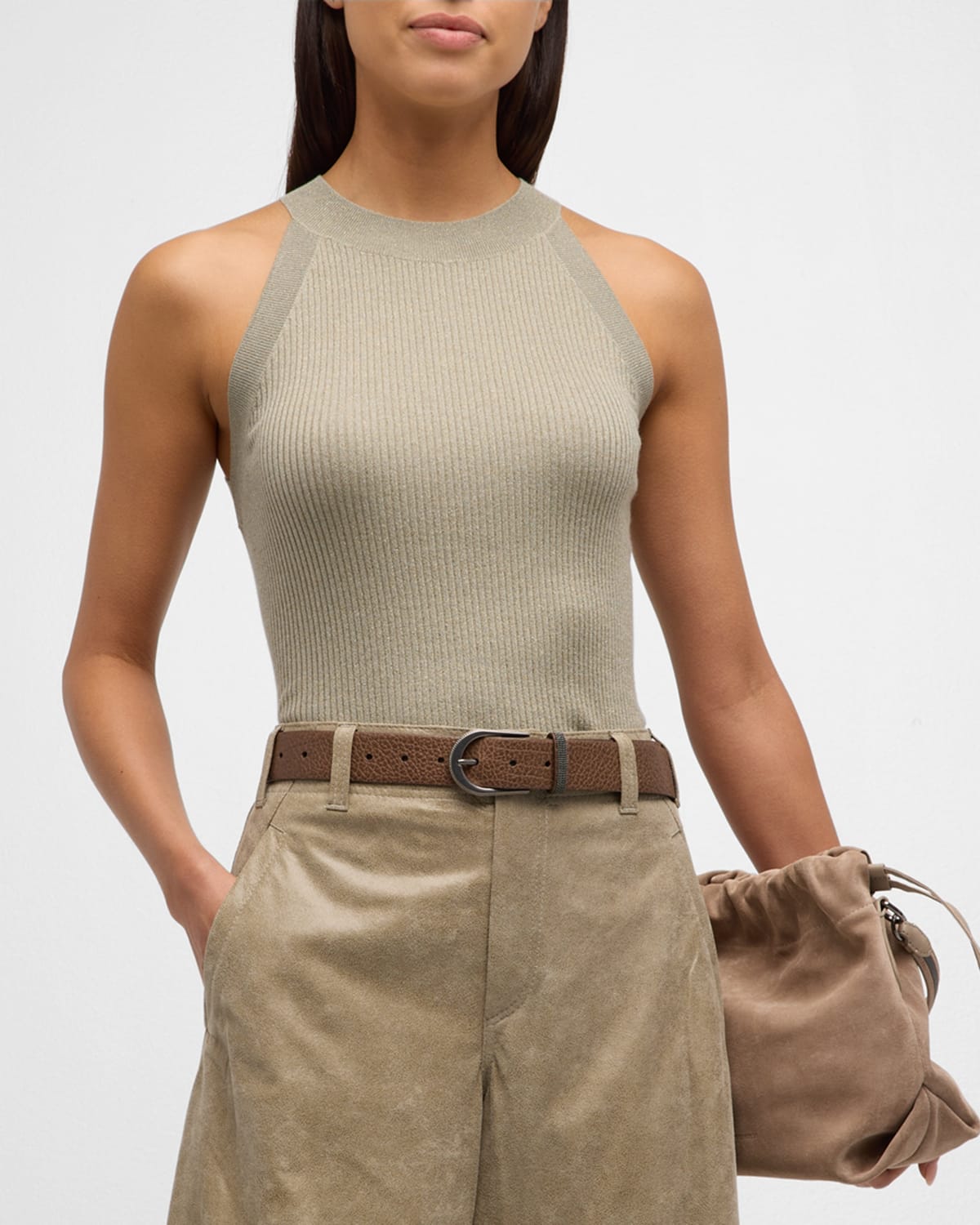 Brunello Cucinelli Metallic Cashmere-silk Rib Cut-in-shoulder Tank Top In C9591 Olive Green