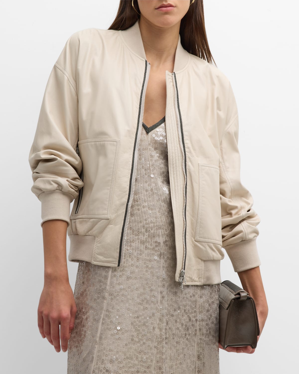 Brunello Cucinelli Monili-placket Napa Leather Bomber Jacket In C7872 Winter Whit