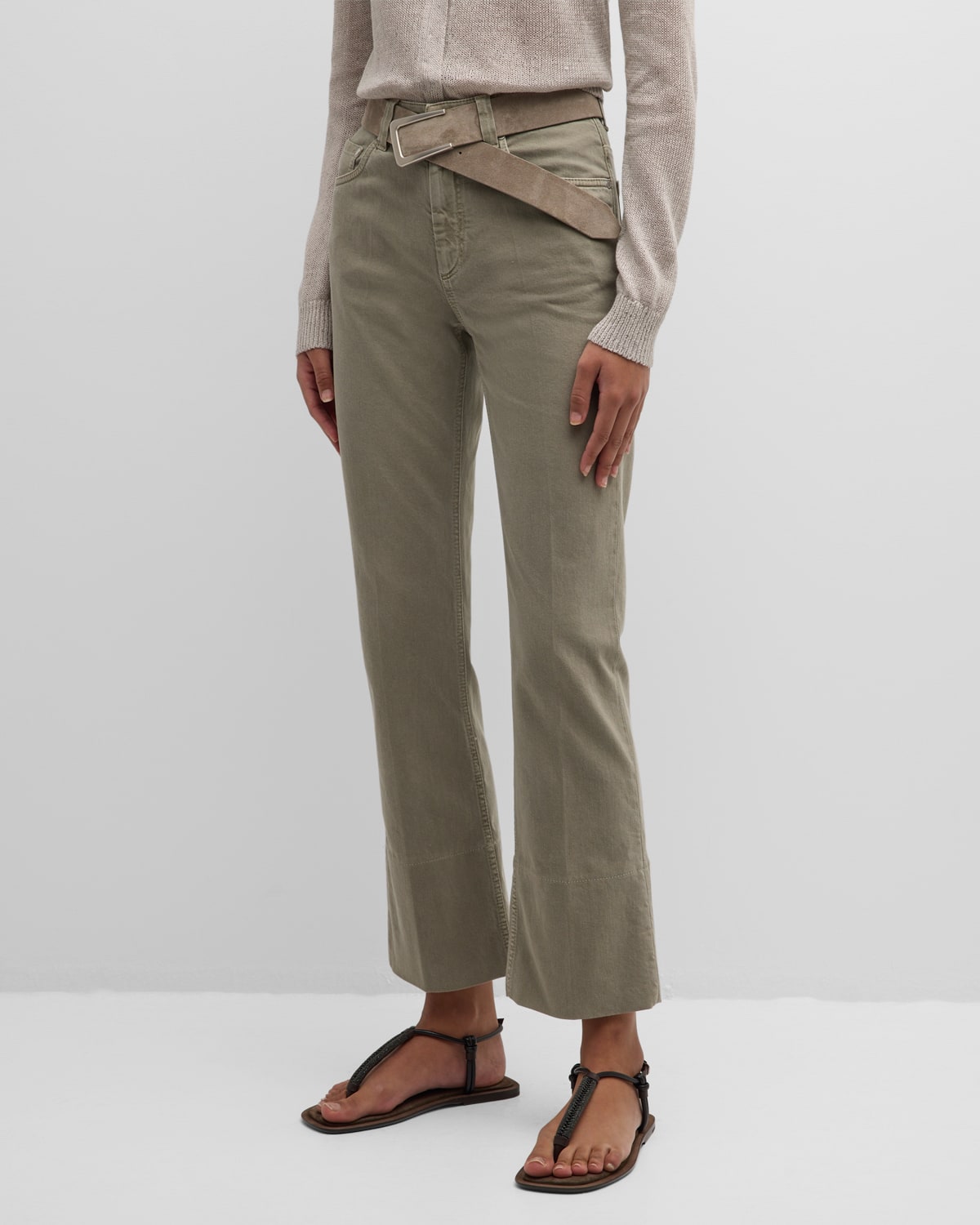 Shop Brunello Cucinelli Mid-rise Straight-leg Ankle Barrel-hem Garment Dye Pants In C8964 Green Safari
