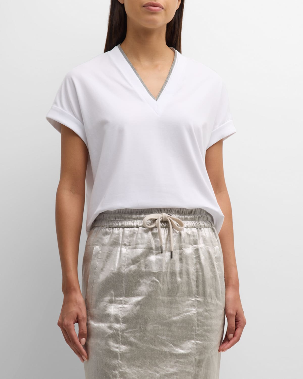 Shop Brunello Cucinelli Monili-trim V-neck Short-sleeve Cotton Rib Top In C159 Bianco