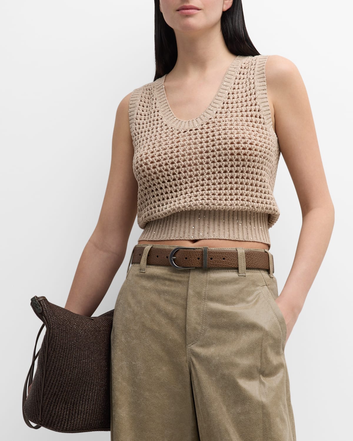 Shop Brunello Cucinelli Open-knit Tank Top With Sequin Detail In C059 Light Brown