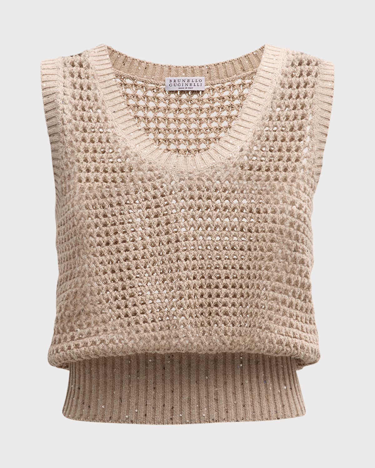 Brunello Cucinelli Sequin-embellished Open-knit Cotton-blend Vest In C059 Light Brown